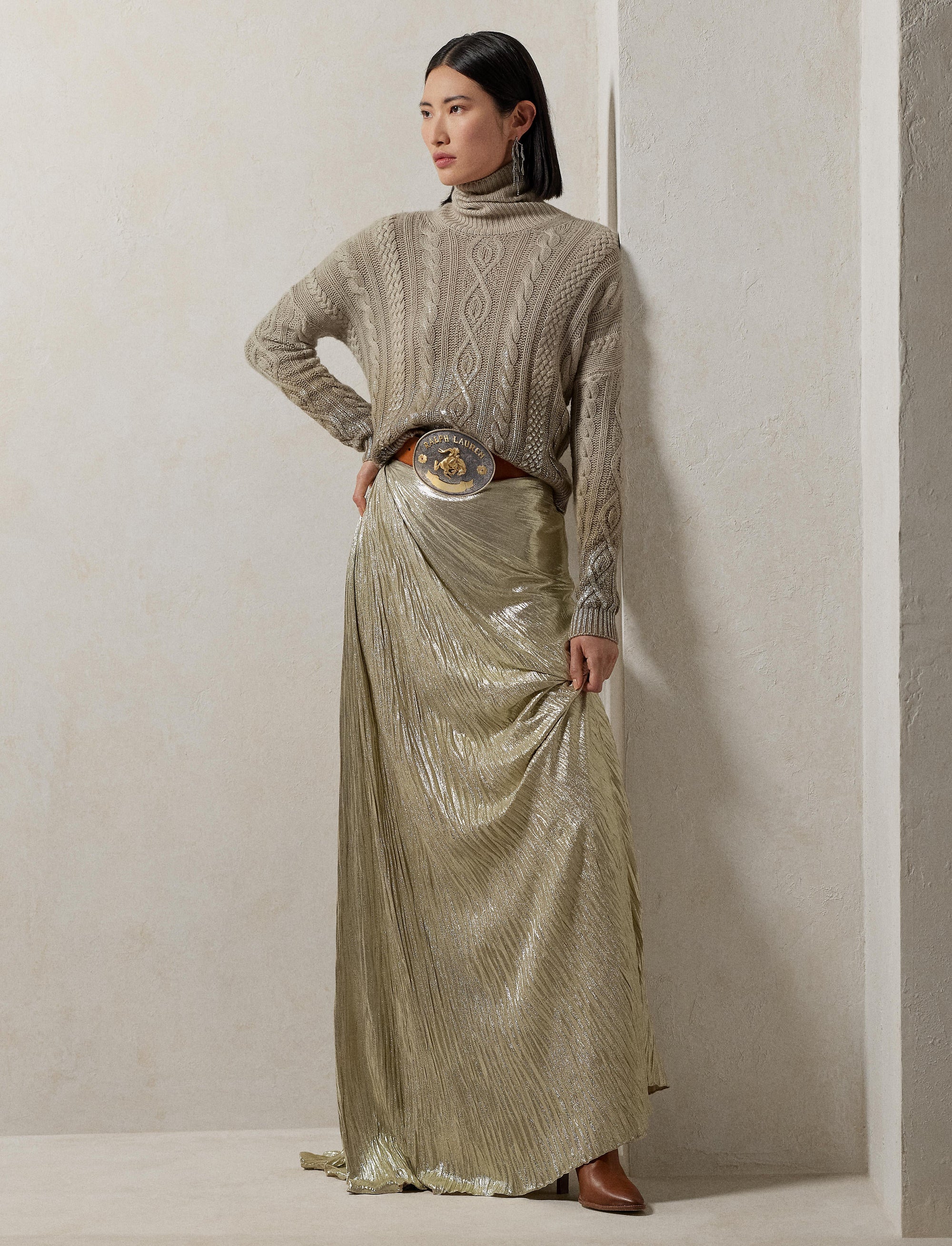 Metallic pleated Duvall skirt - Quartz Tan
