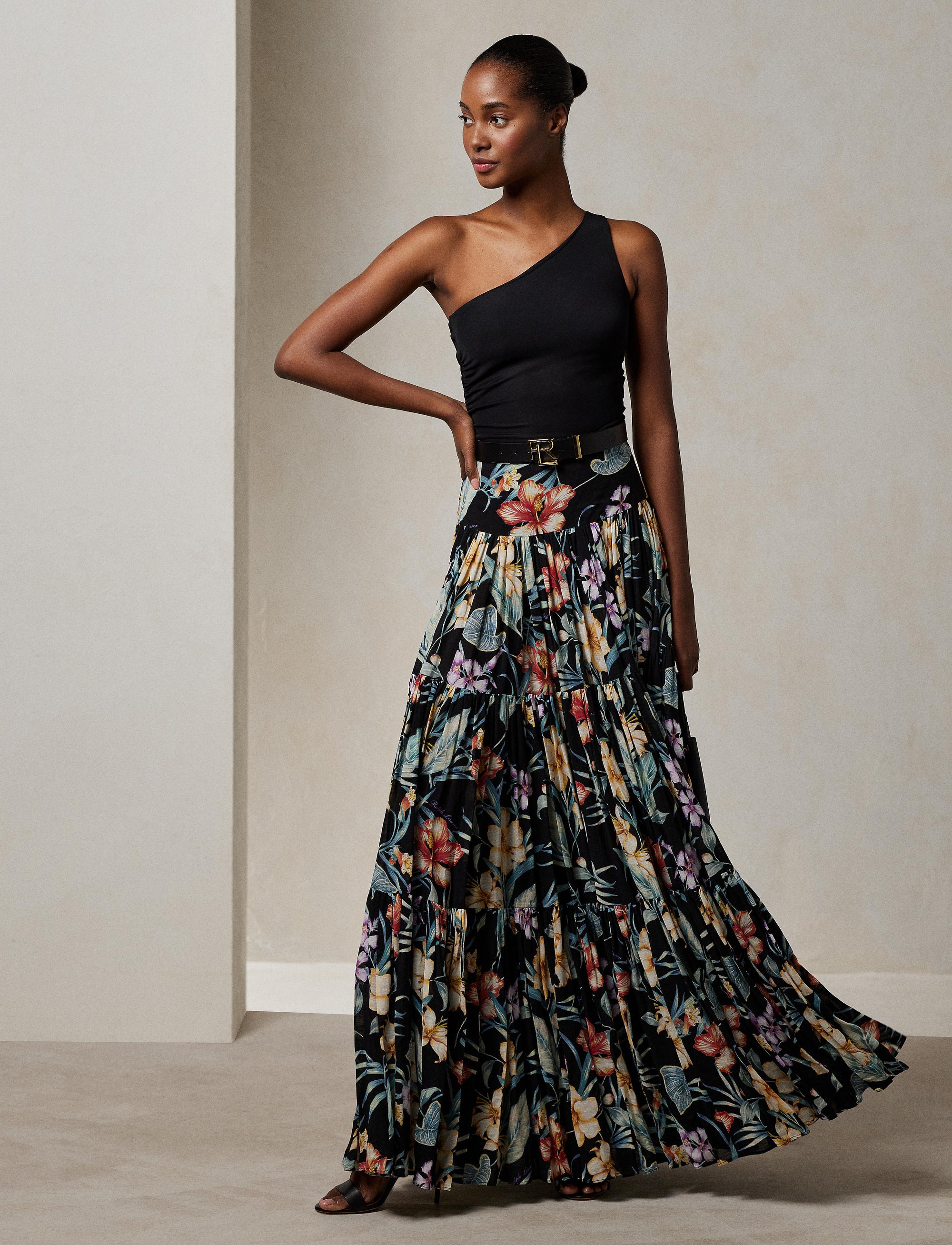 Maxi jupe Sutton à motif voile de lin - Black Multi