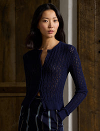 Cardigan à col rond en soie bouclée - Lux Navy