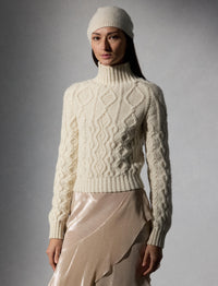 Aran cashmere knitted funnel neck jumper - Classic Cream