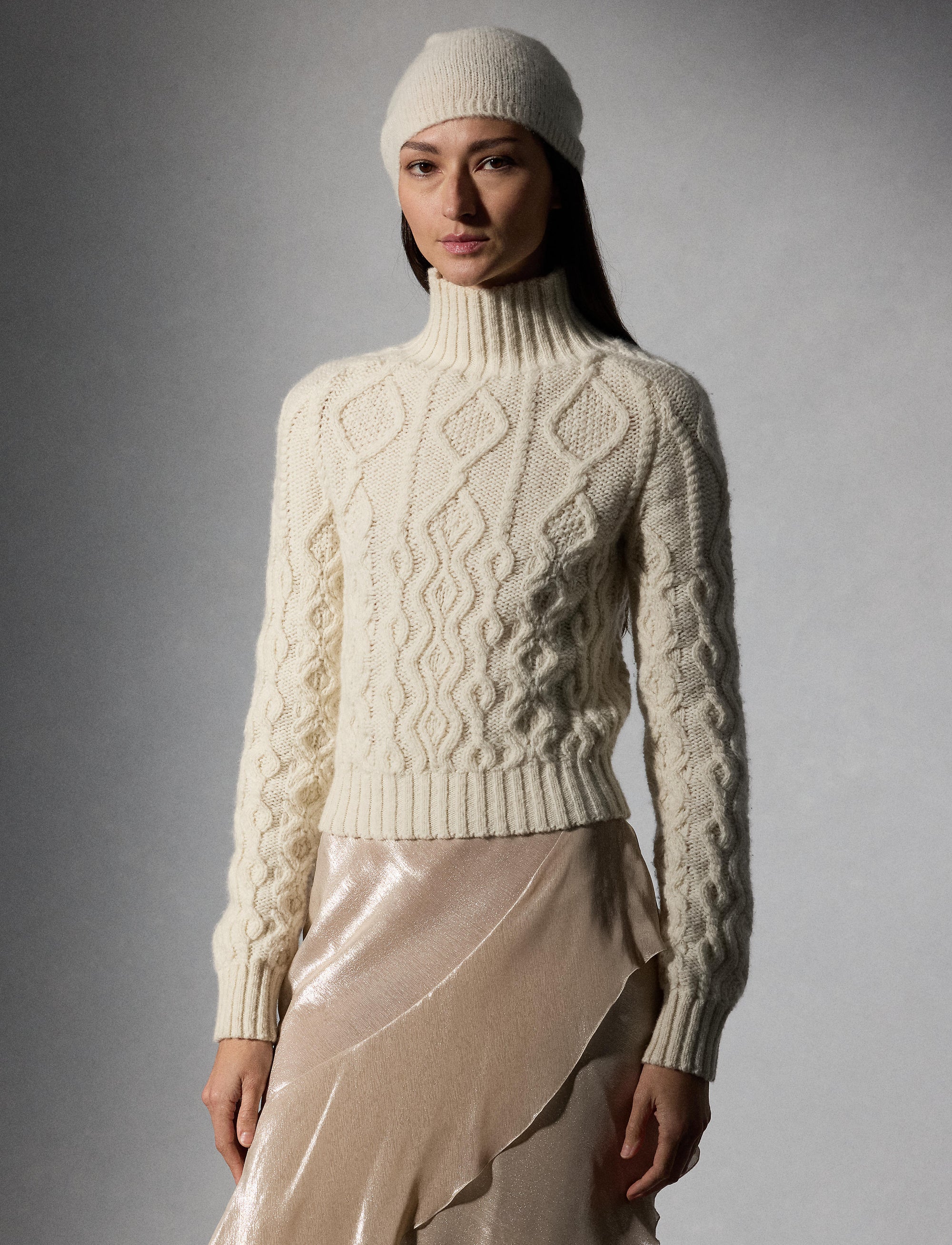 Aran cashmere knitted funnel neck jumper - Classic Cream
