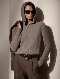 Wool and cashmere blend ribbed hoodie - Light Truffle Melange