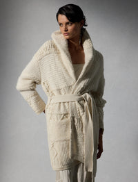 Wool cashmere blend patchwork cardigan with shawl collar - Classic Cream