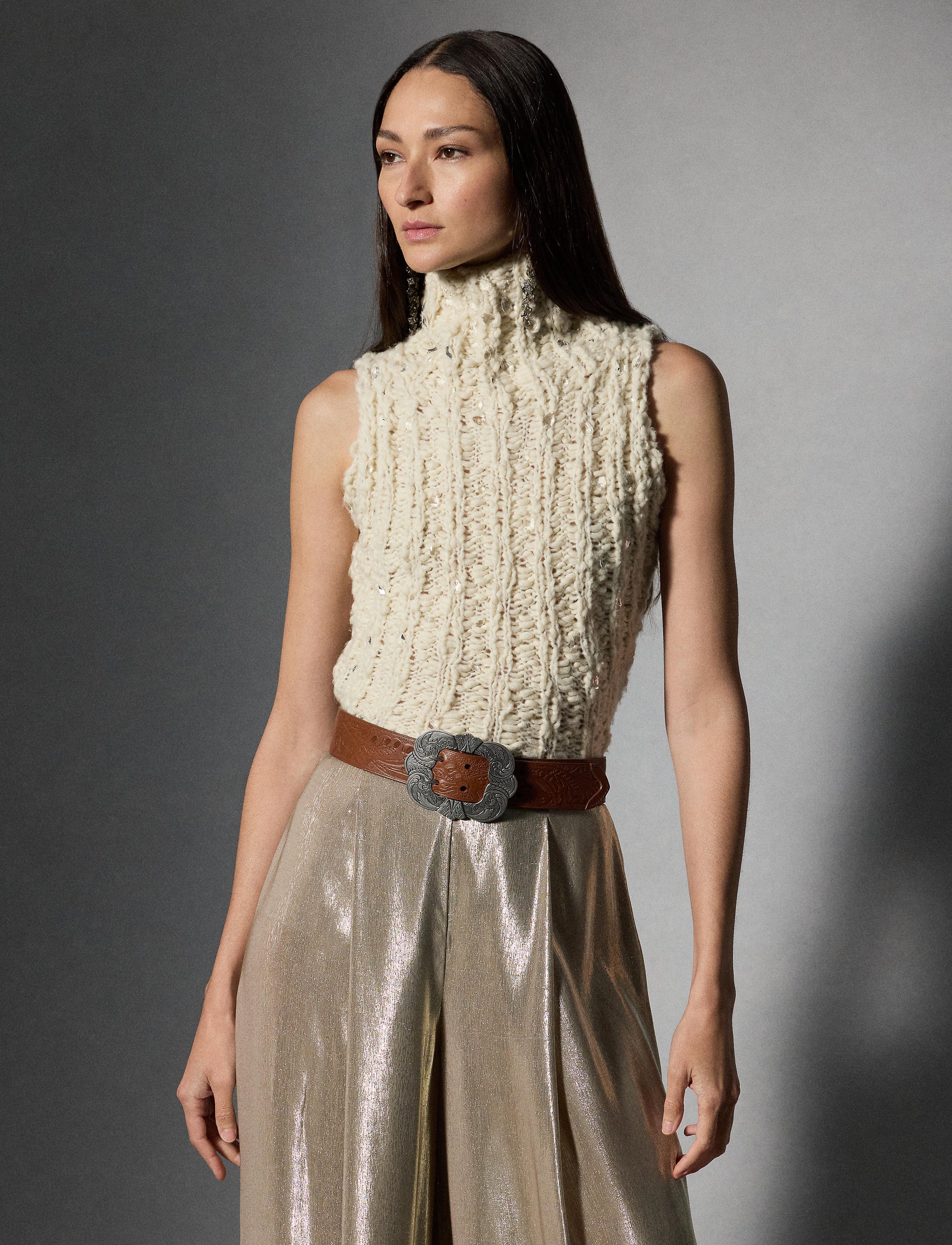 Sleeveless turtleneck jumper in wool - Classic Cream