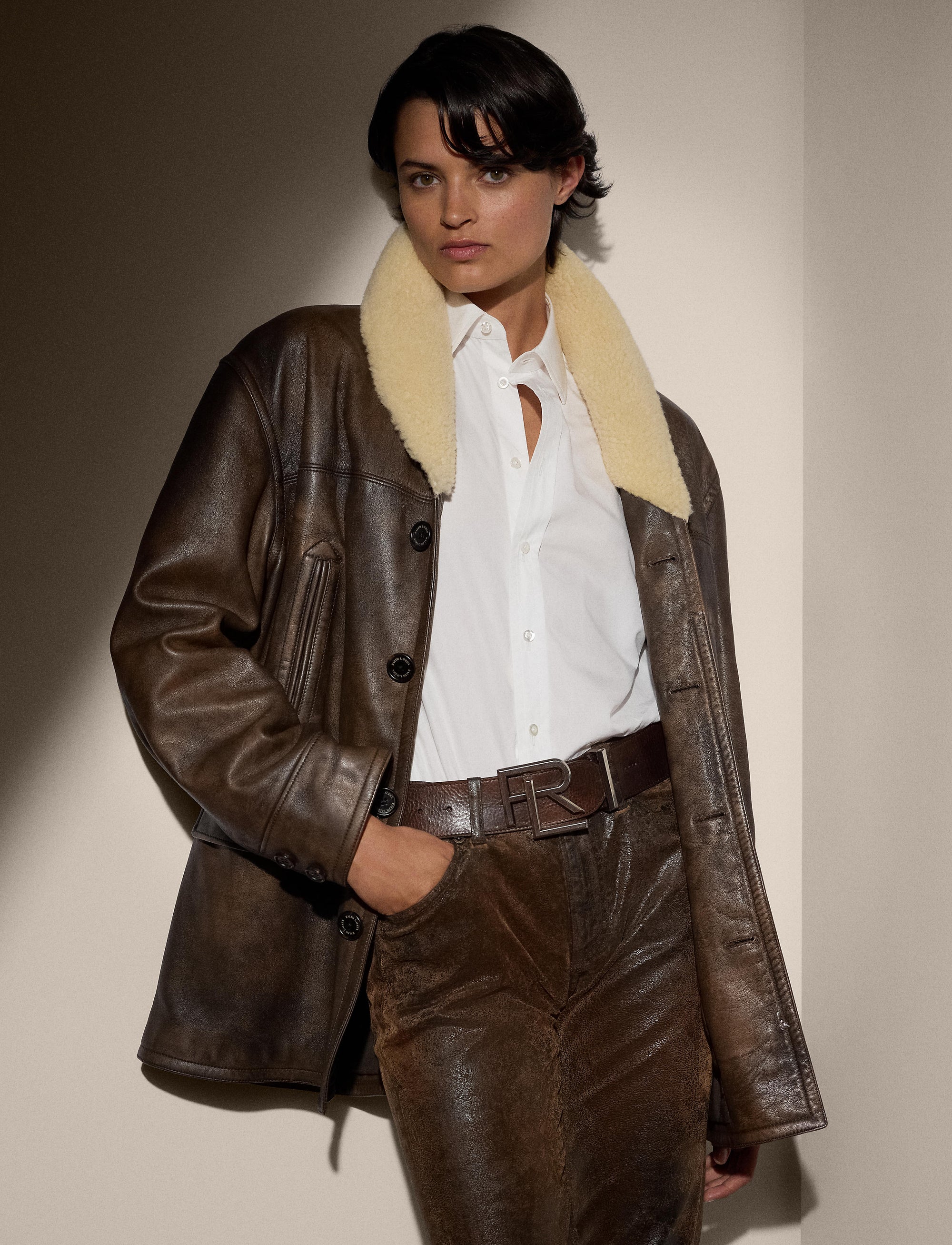 Manteau Cooper en peau lainée et cuir - Vintage Brown