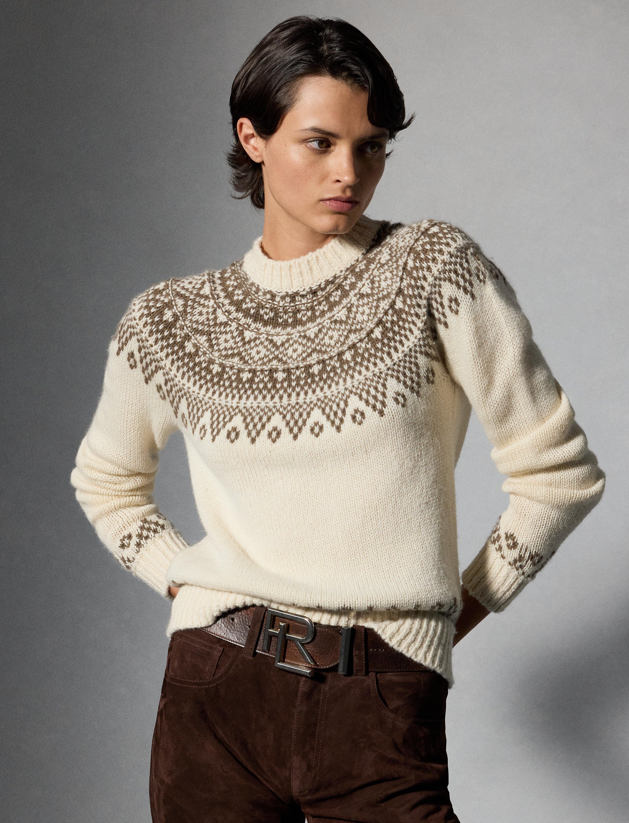 Pull tricoté main en cachemire mélangé - Classic Cream & Taupe