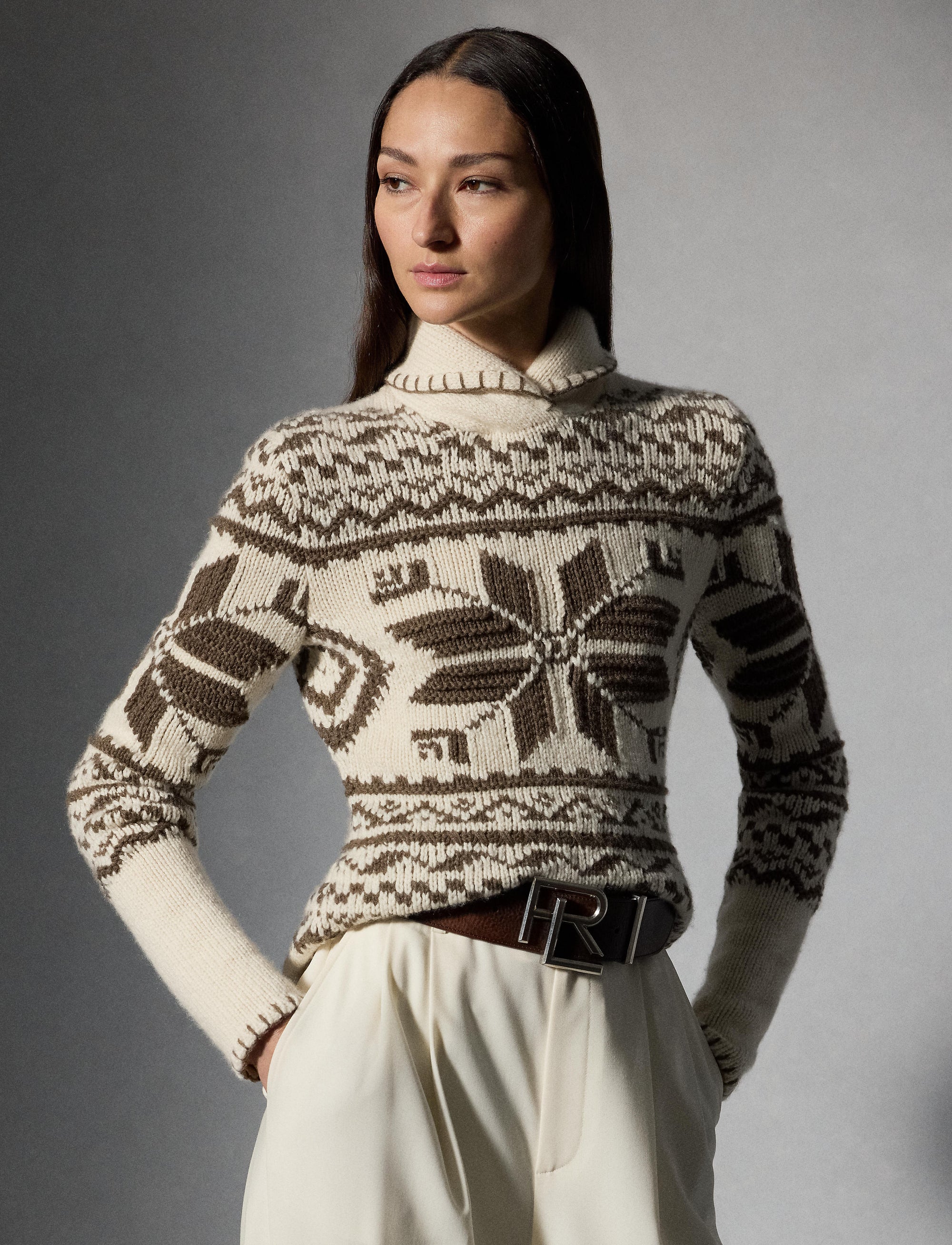 Pull col châle tricoté main en cachemire - Classic Cream & Taupe