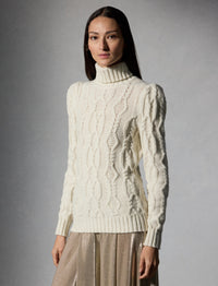 Aran sequin turtleneck roll-neck jumper in wool and cashmere blend - Classic Cream