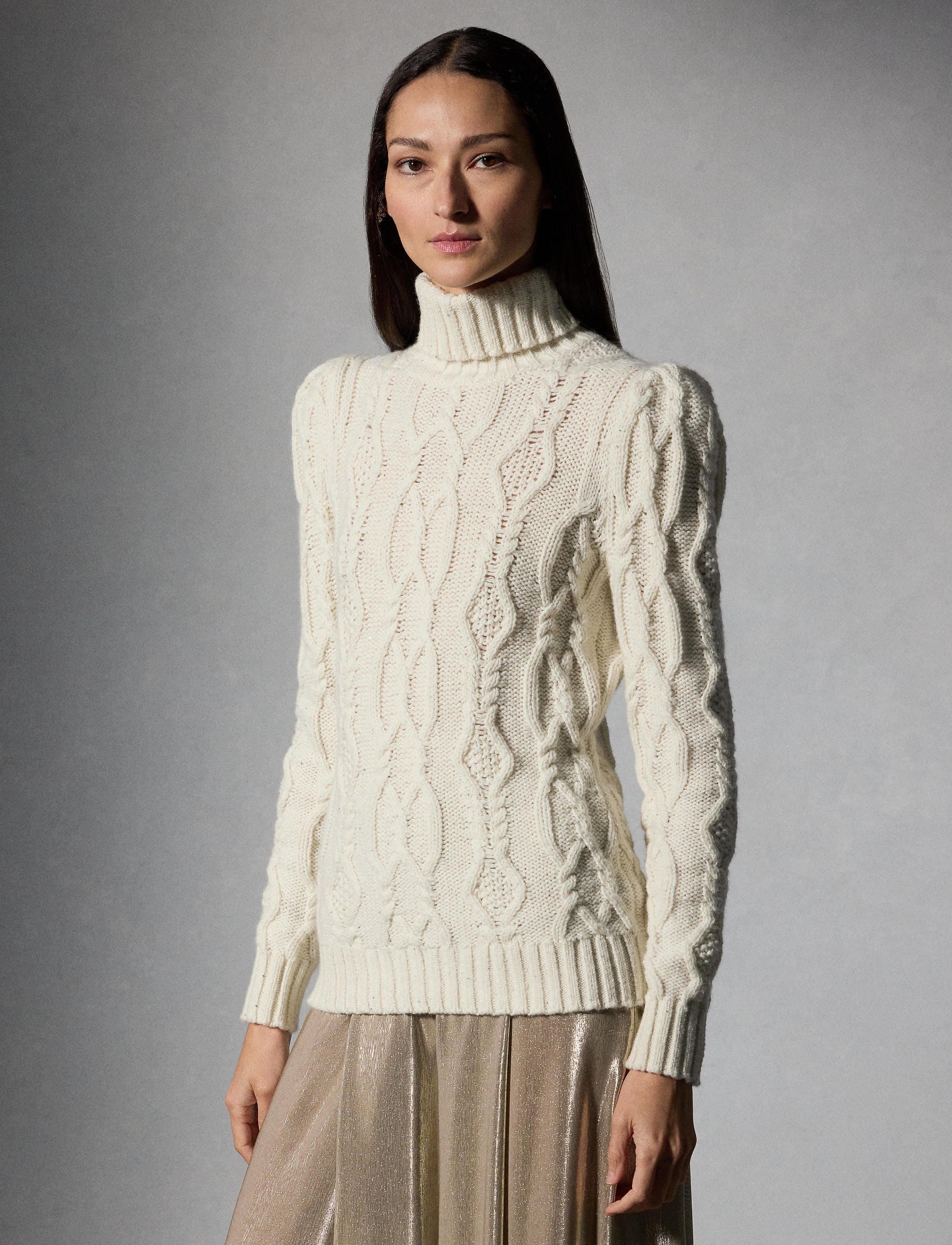 Aran sequin turtleneck roll-neck jumper in wool and cashmere blend - Classic Cream