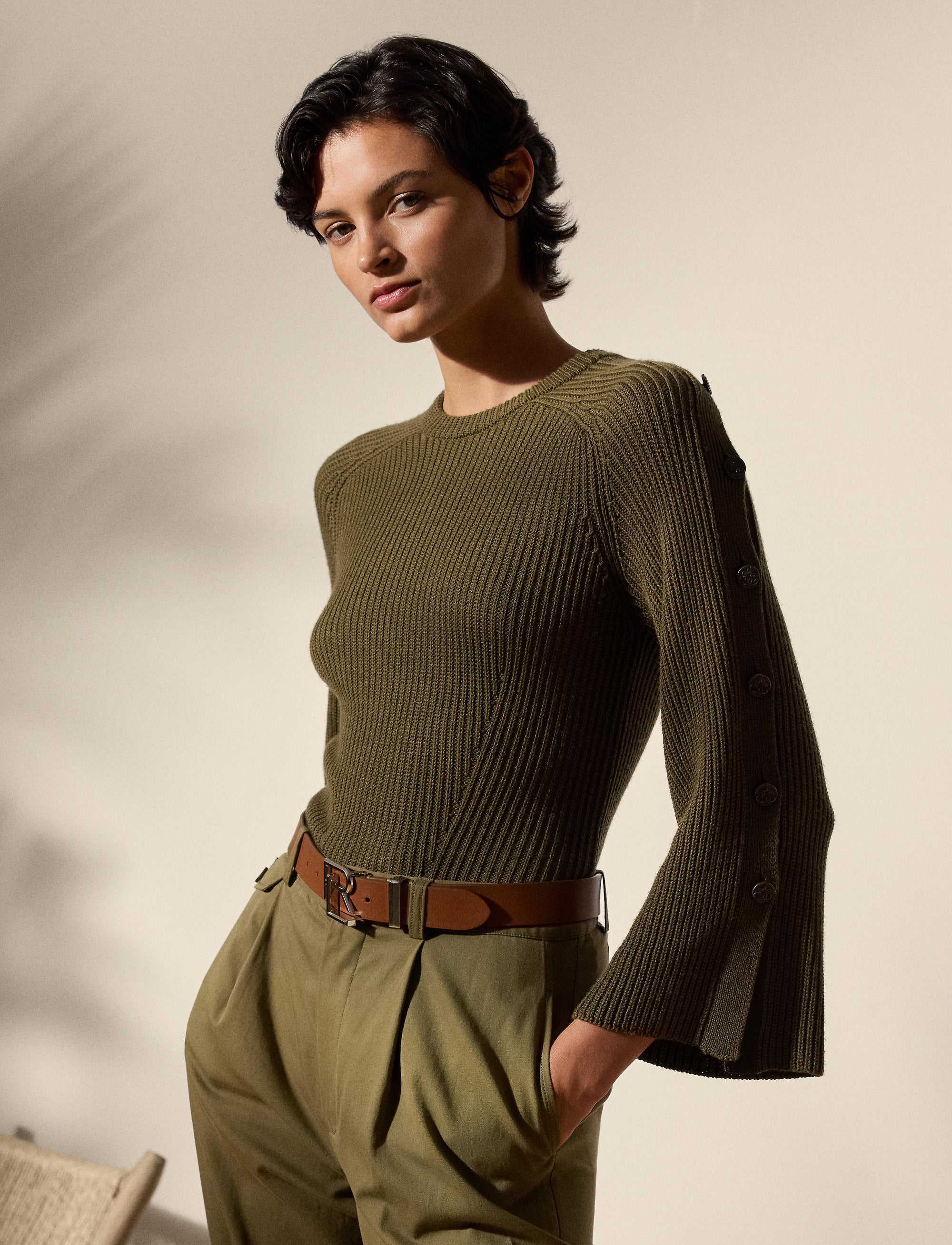 Pull côtelé boutonné en laine et soie - Moss