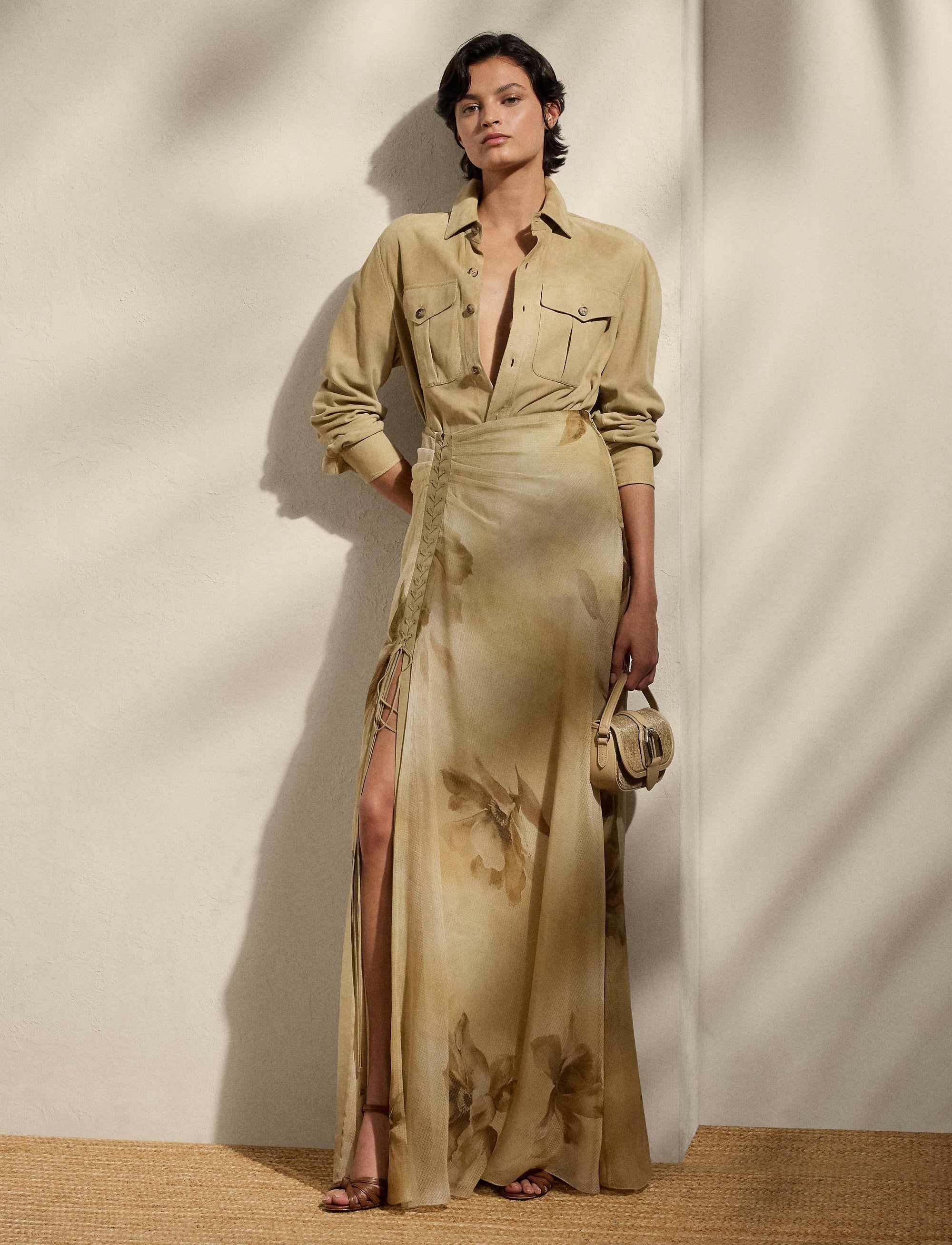 Maxi jupe Odera fleurie en gaze de soie - Tan & Multicolore