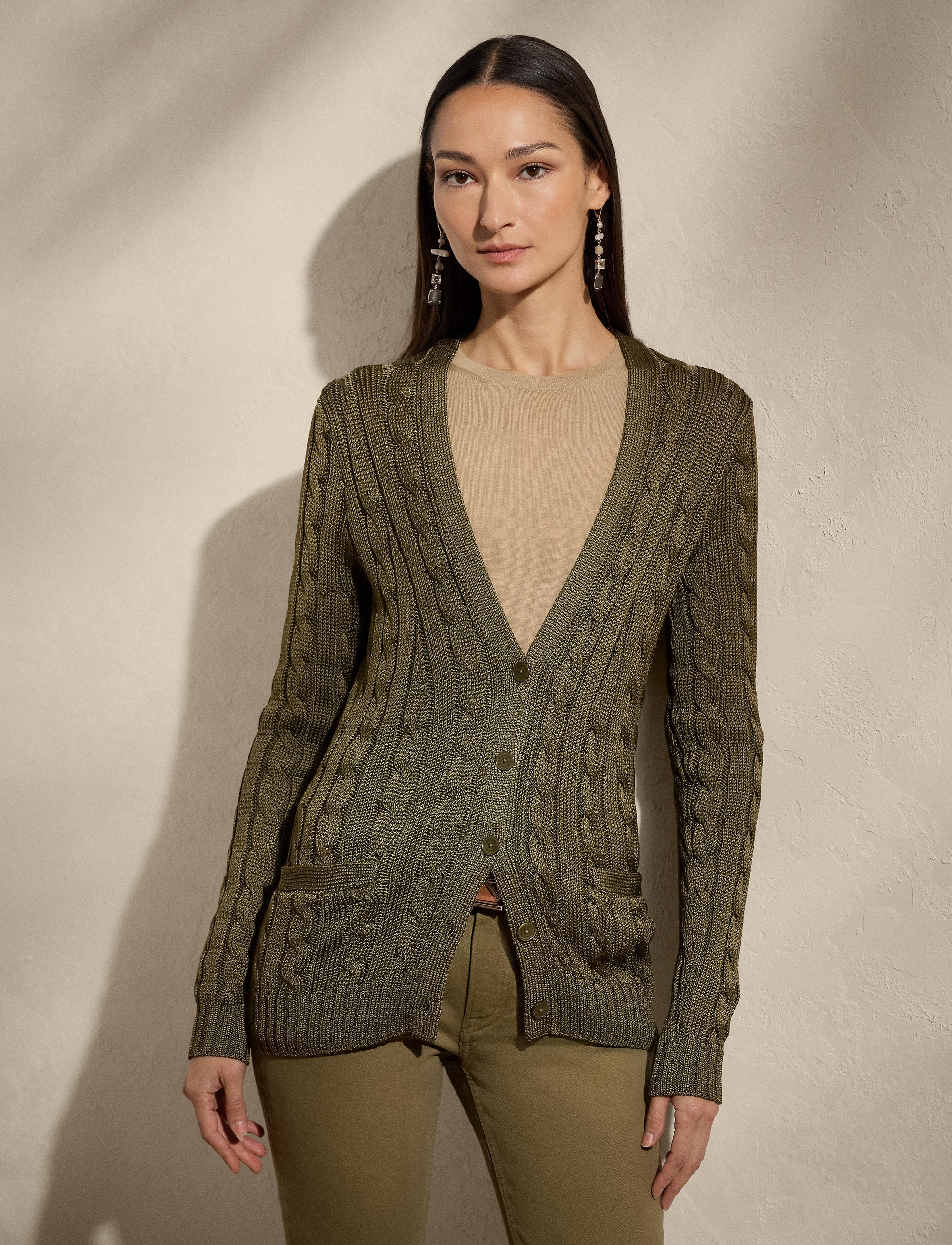 Pull cardigan torsadé en soie - Moss