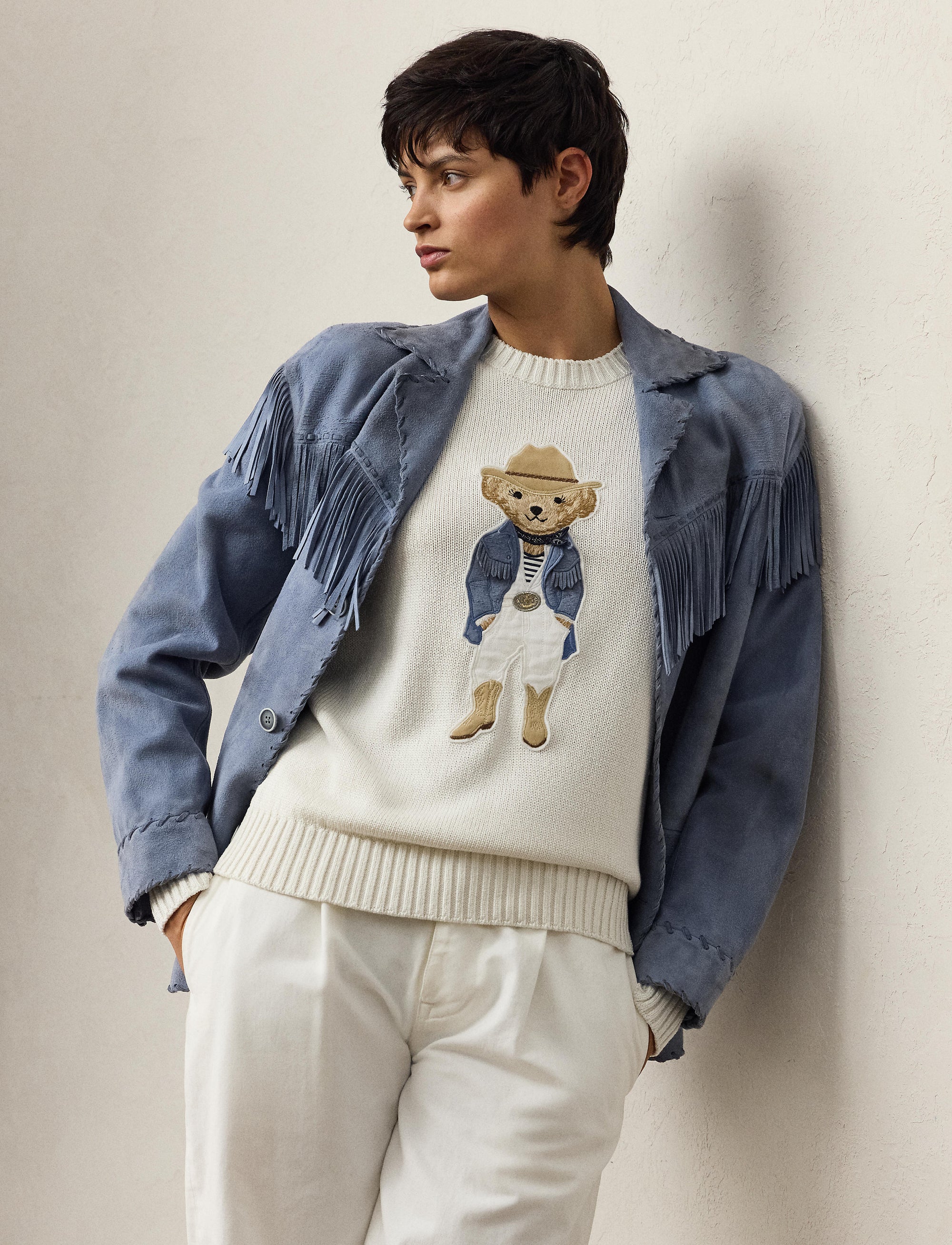 Hamptons Spring Polo Bear jumper in silk - Cream