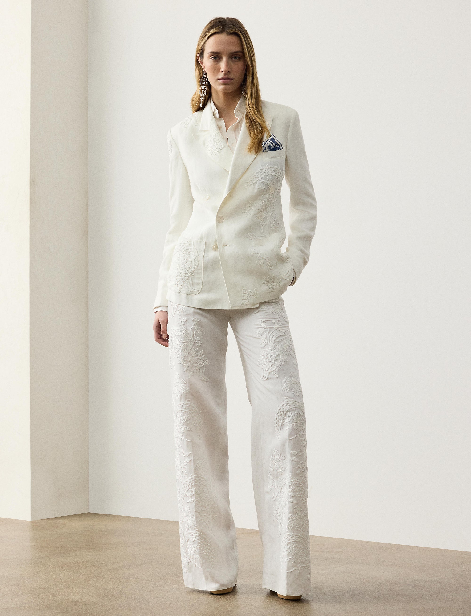 Dean embroidered trousers in micro-piqué - Cream