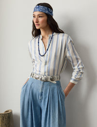 Chemise Imann rayée en soie naturelle - Cream & Cornflower