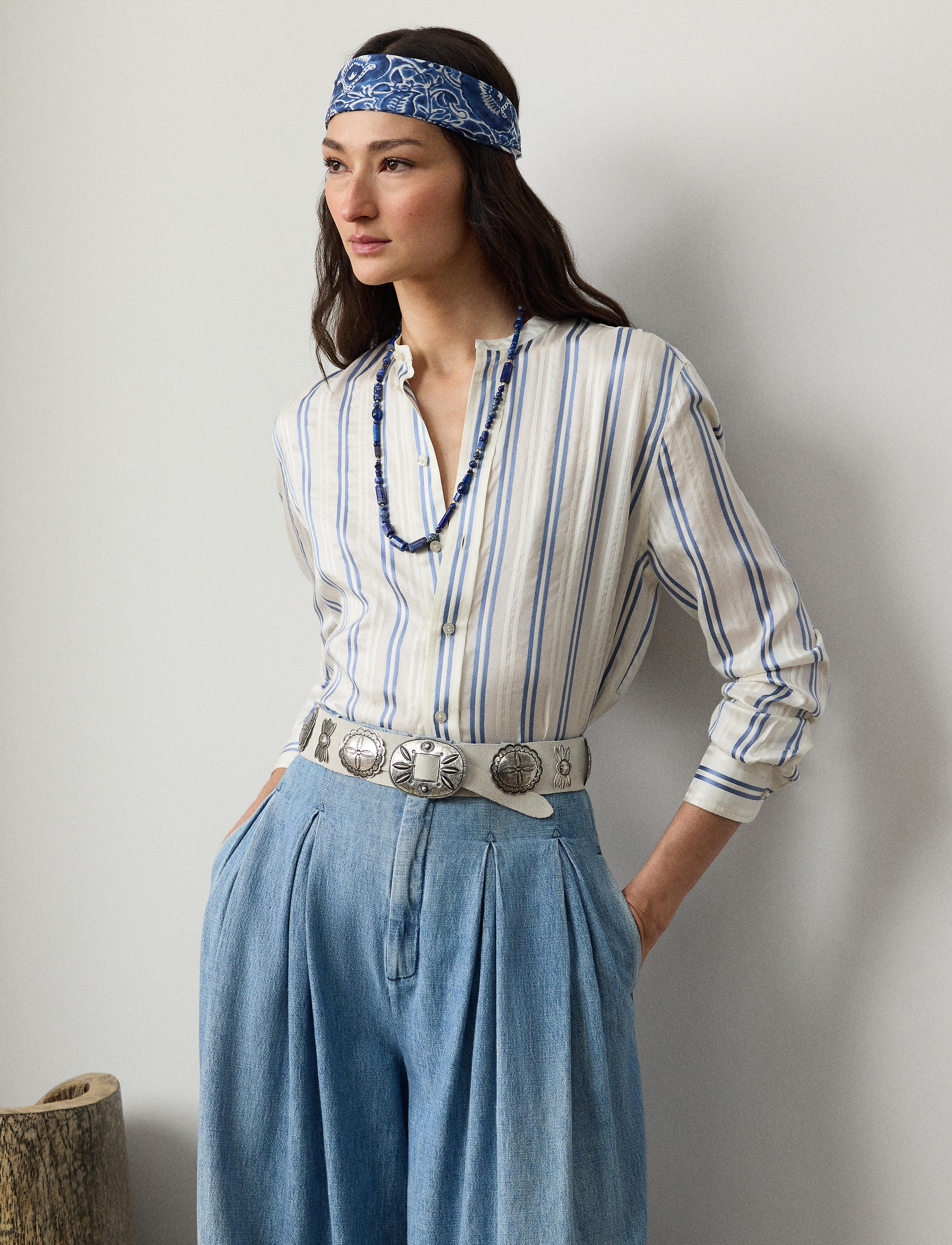 Chemise Imann rayée en soie naturelle - Cream & Cornflower