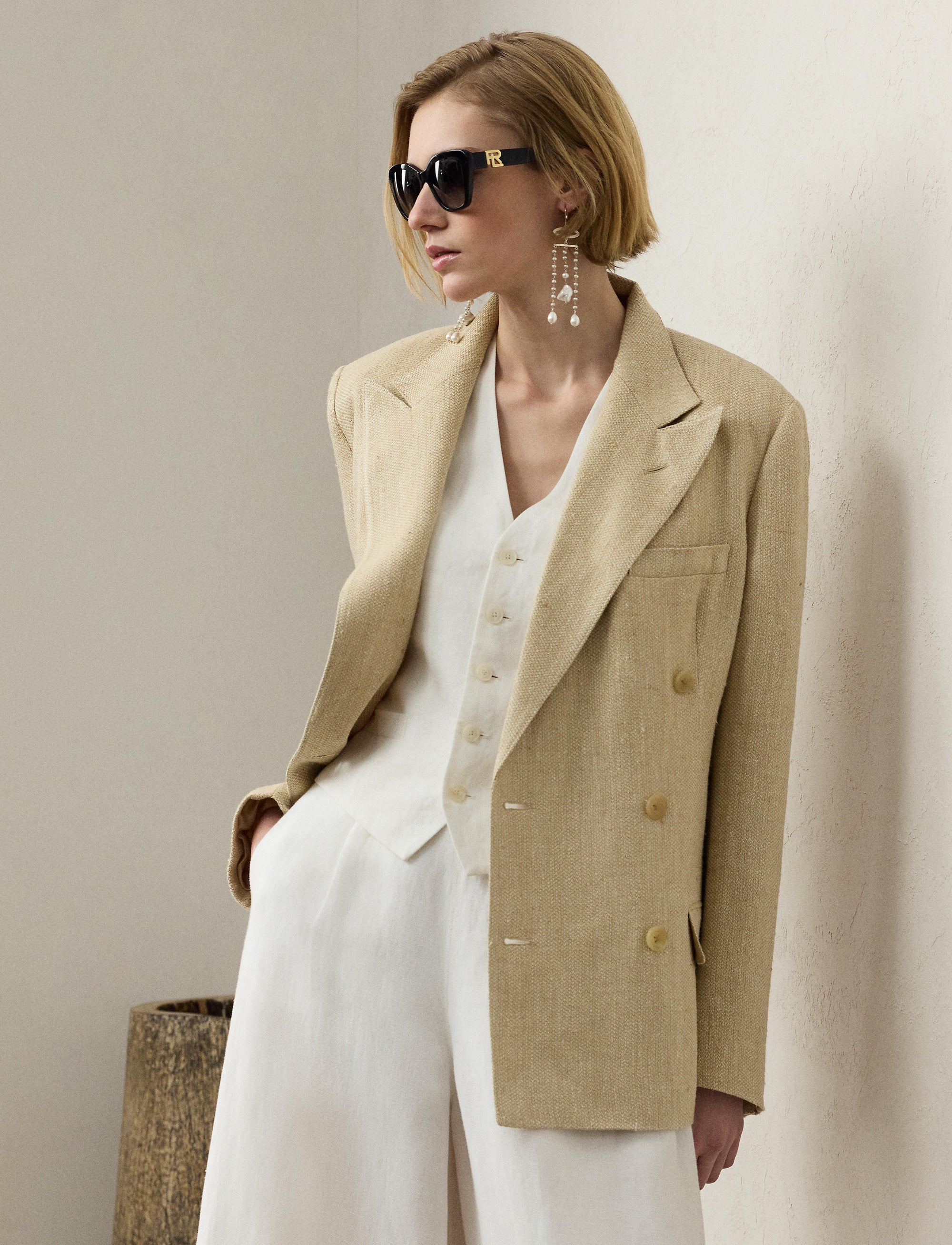 Vanessa jacket in silk and linen tweed blend - Light Tan & Multicolore