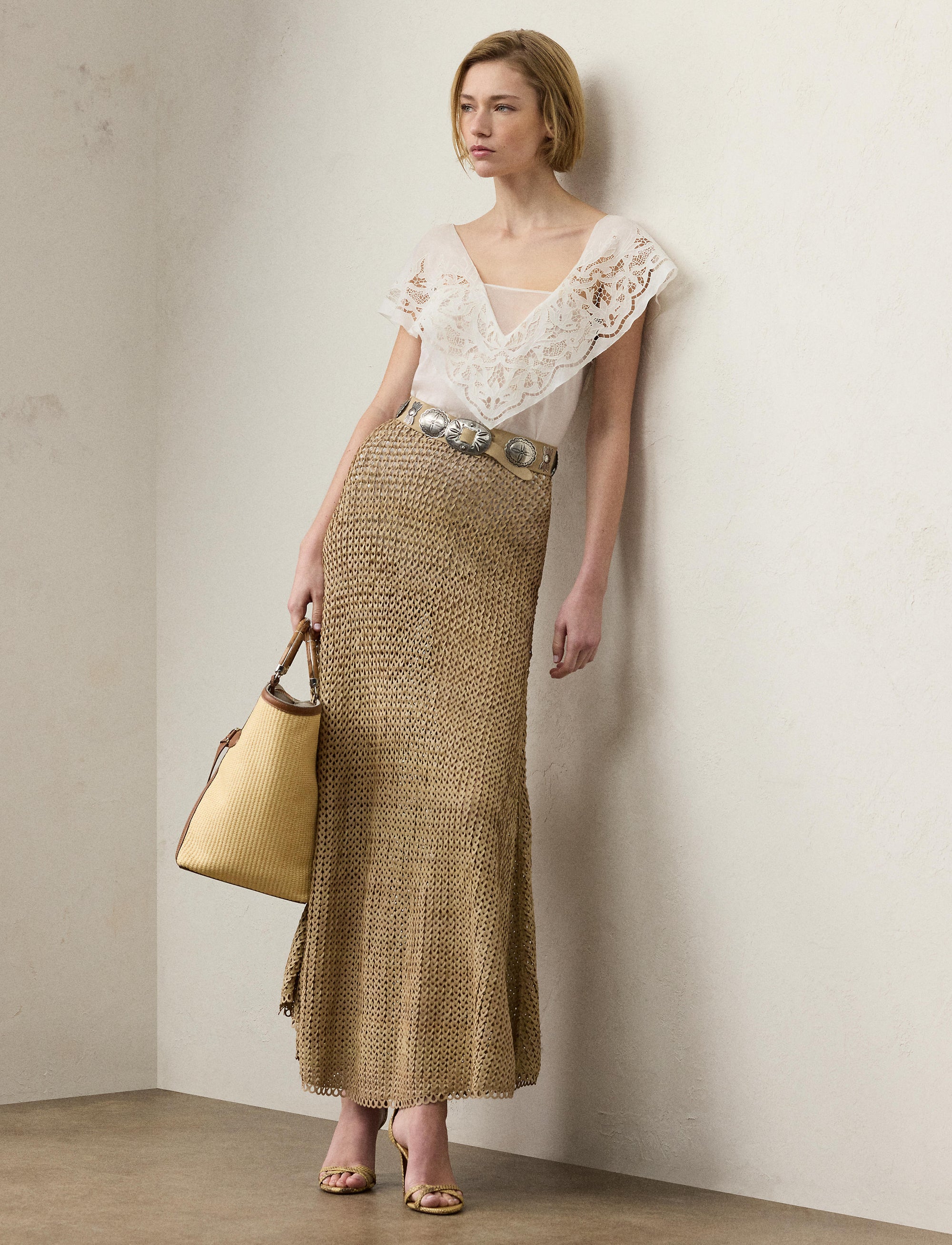Robe Leanne évasée à taille marquée en cuir - Sable clair