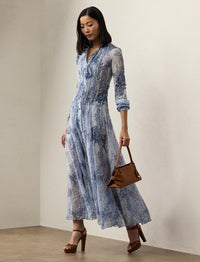 Robe Hannes à motif en gaze de lin et soie mélangé - Blue & Multicolore