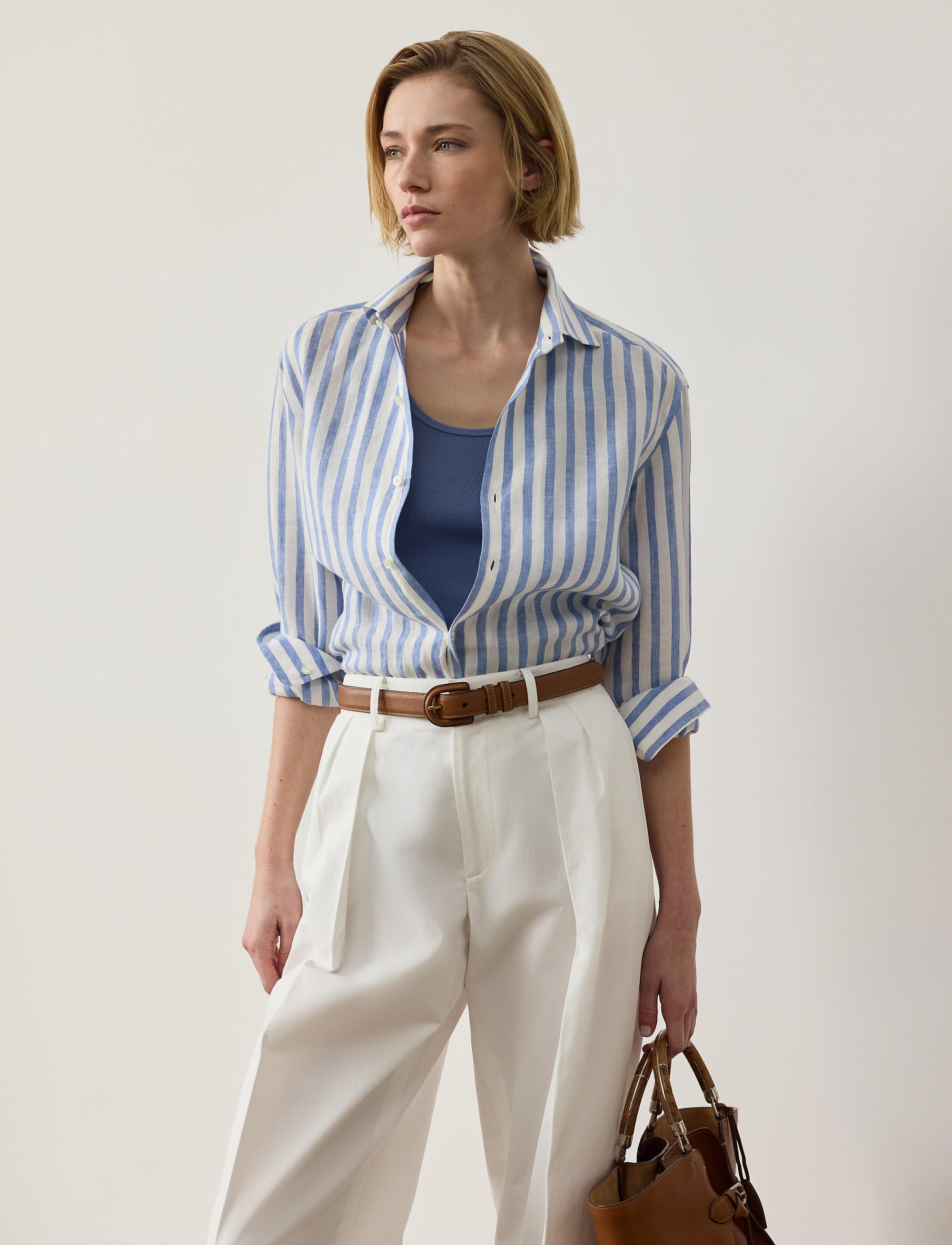 Chemise Capri Relaxed Fit en lin rayé - Cream & Cornflower