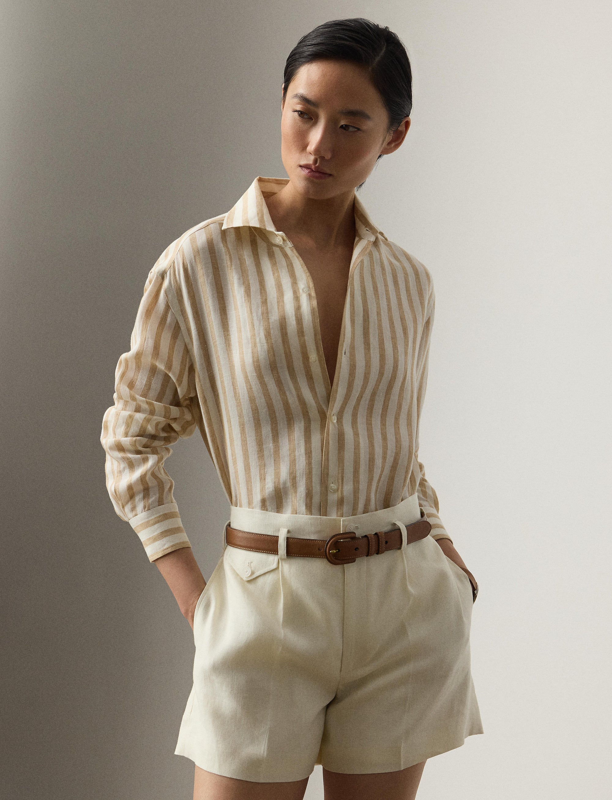 Chemise Capri Relaxed Fit en lin rayé - Cream & Tan