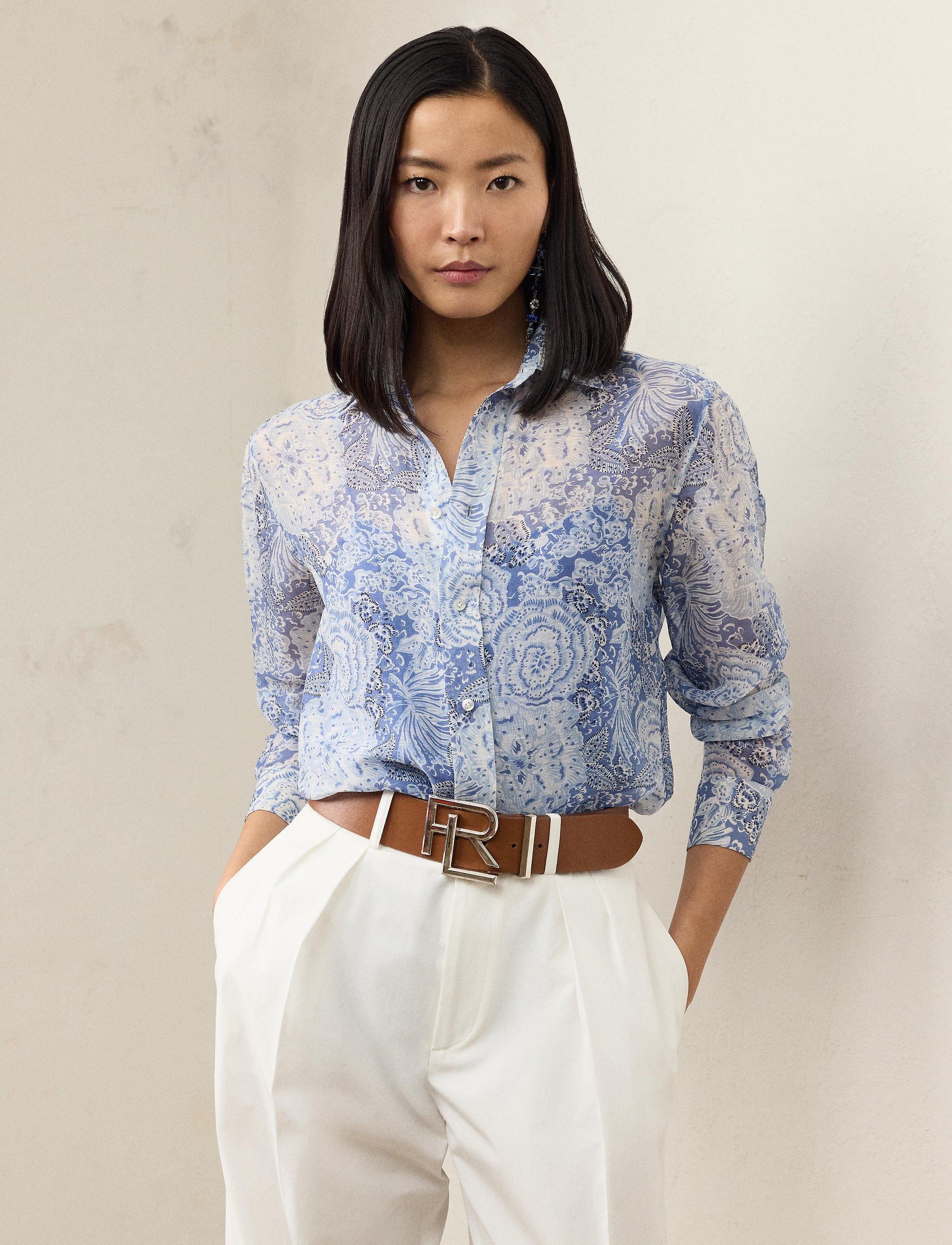 Chemise Adrien motif Relaxed Fit en lin et soie mélangé - Blue & Multicolore
