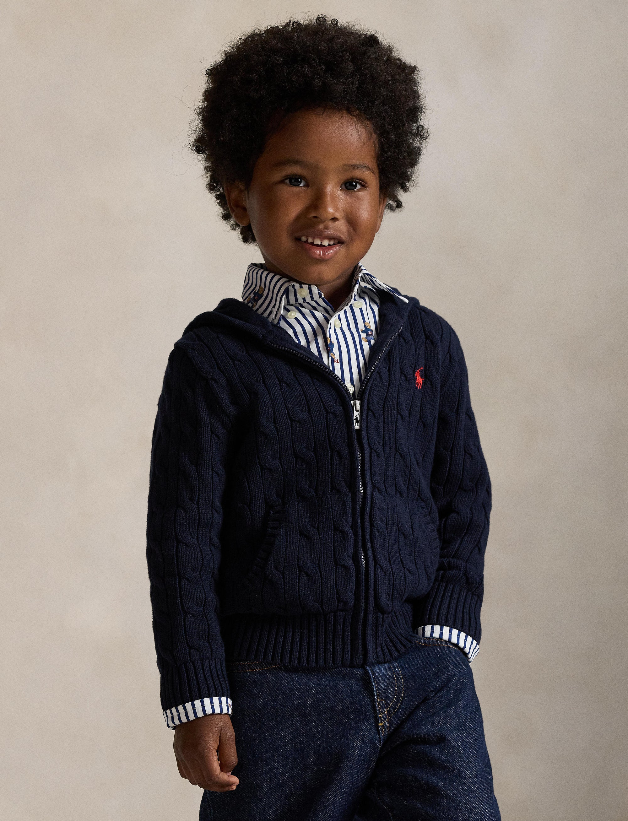 Pull torsadé et zippé à capuche en coton - Navy