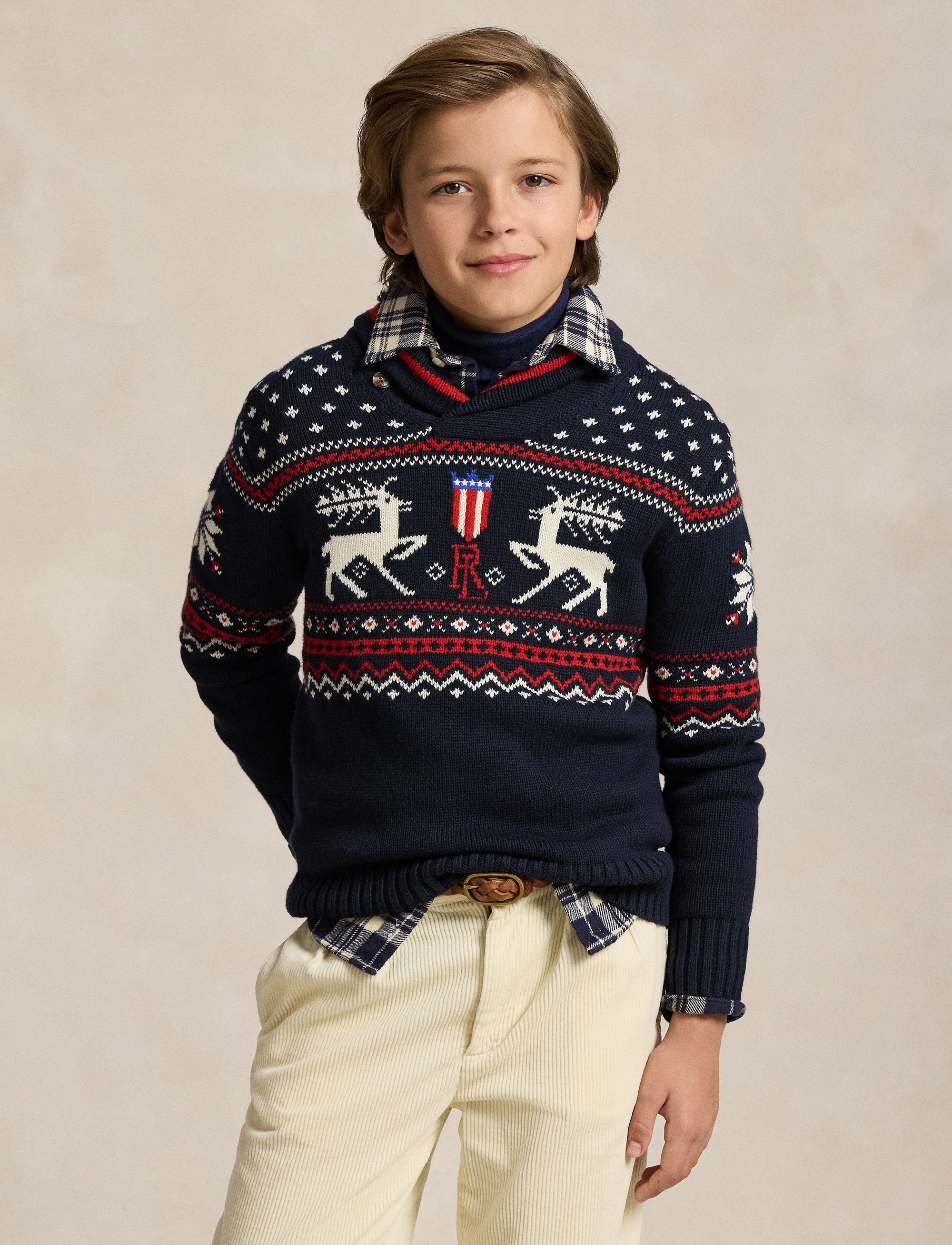 Reindeer shawl collar jumper - Navy Combo