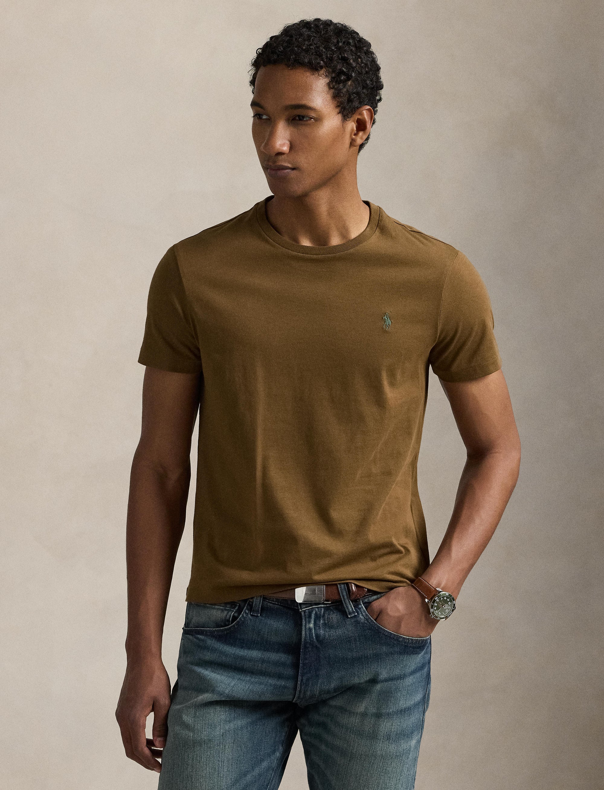 T-shirt col rond jersey Custom Slim Fit - Nature Brown