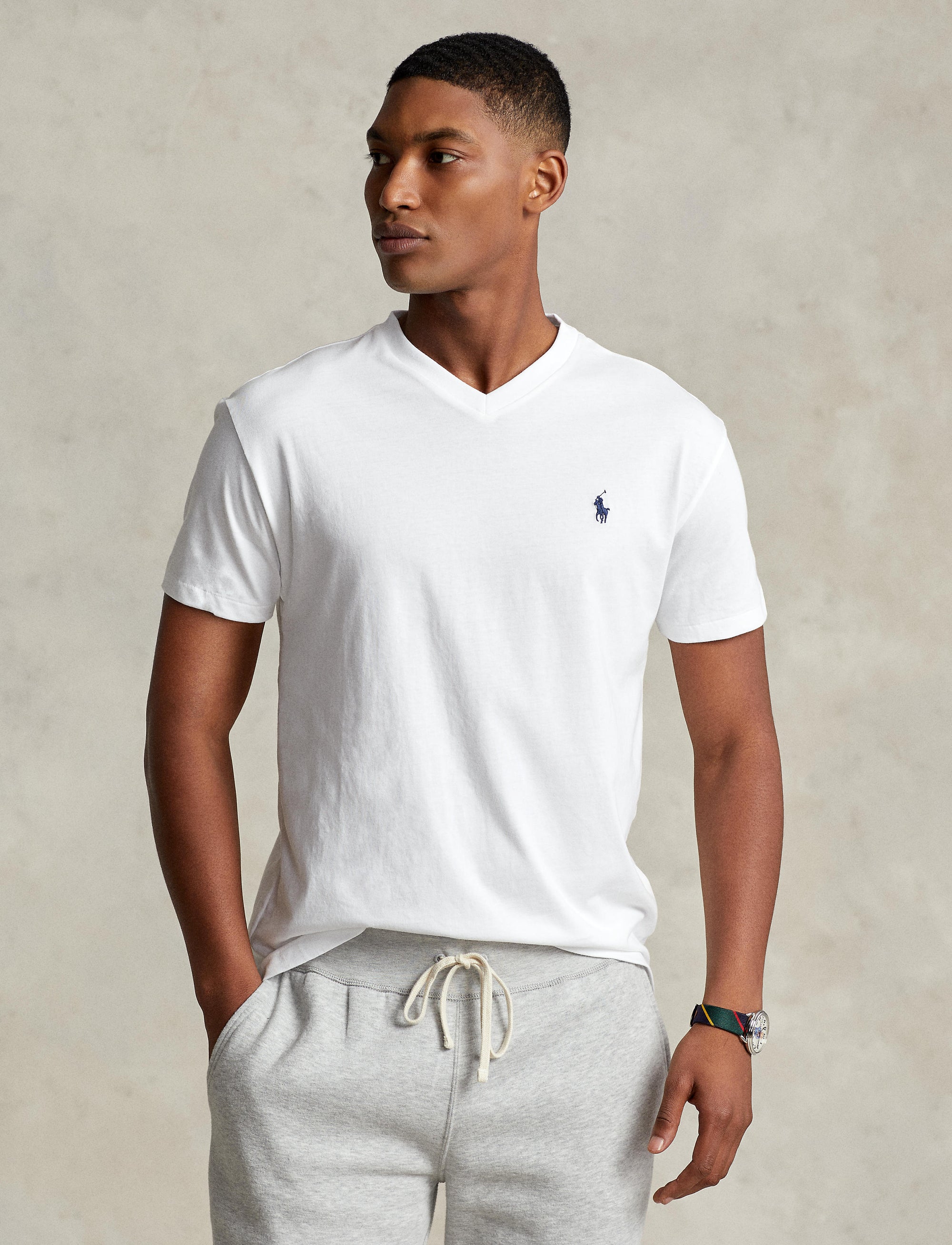 T-shirt classique à col V en jersey - White