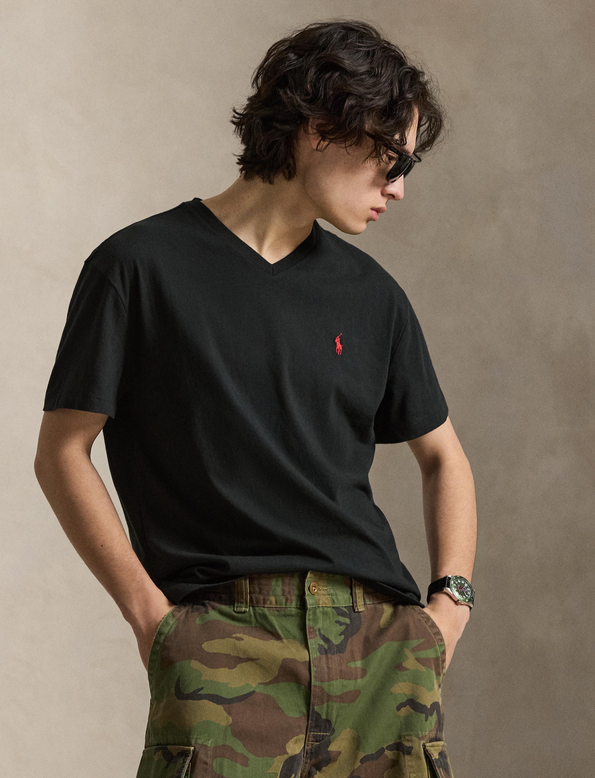 T-shirt classique à col V en jersey - Black