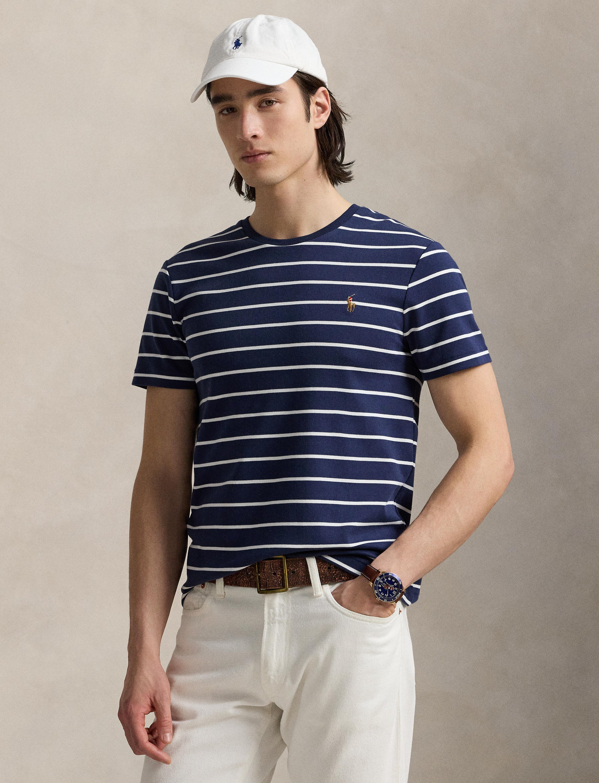 T-shirt Slim en coton doux rayé - Refined Navy & White