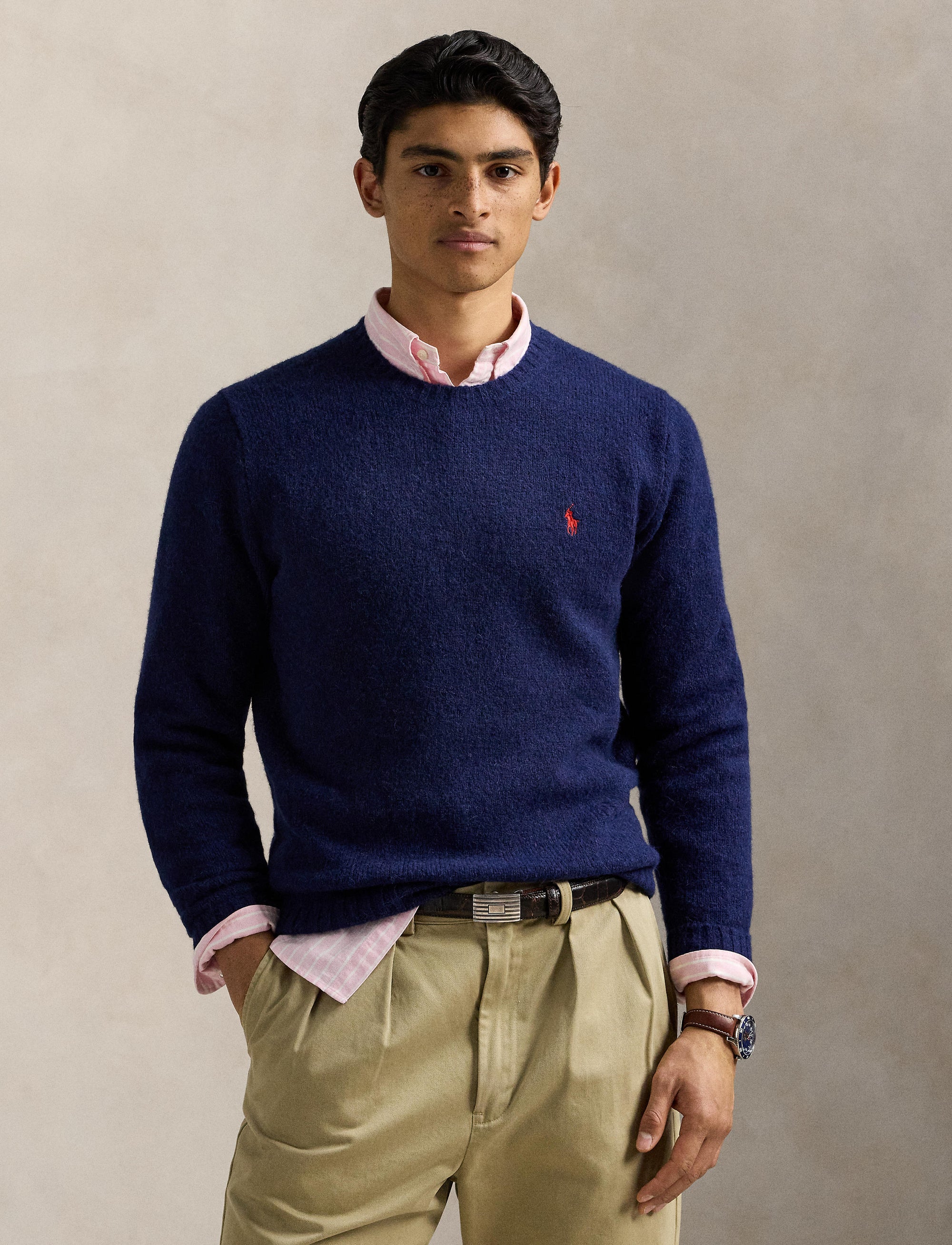 Pull col rond texturé en laine - Bright Navy
