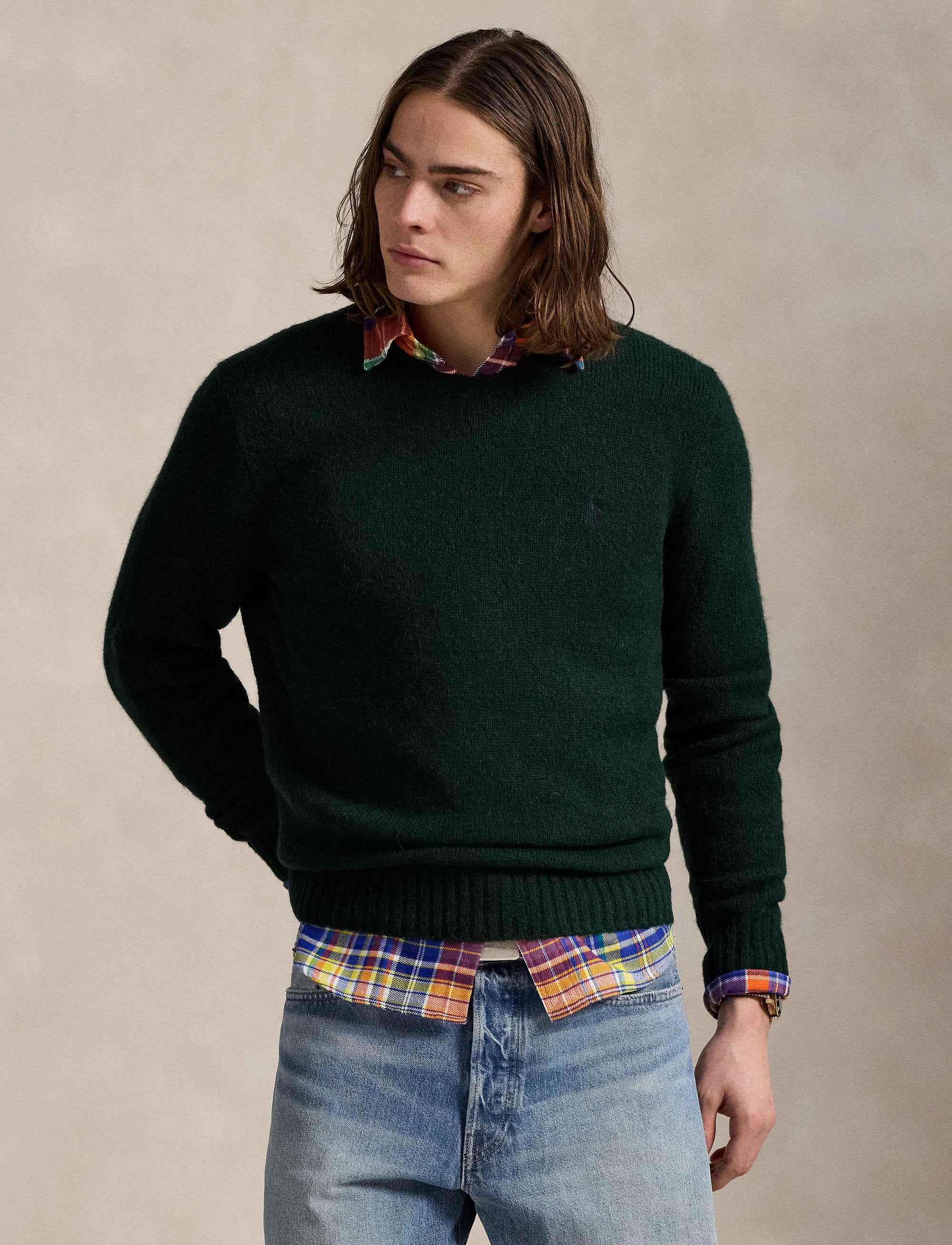 Pull col rond texturé en laine - Moss Agate