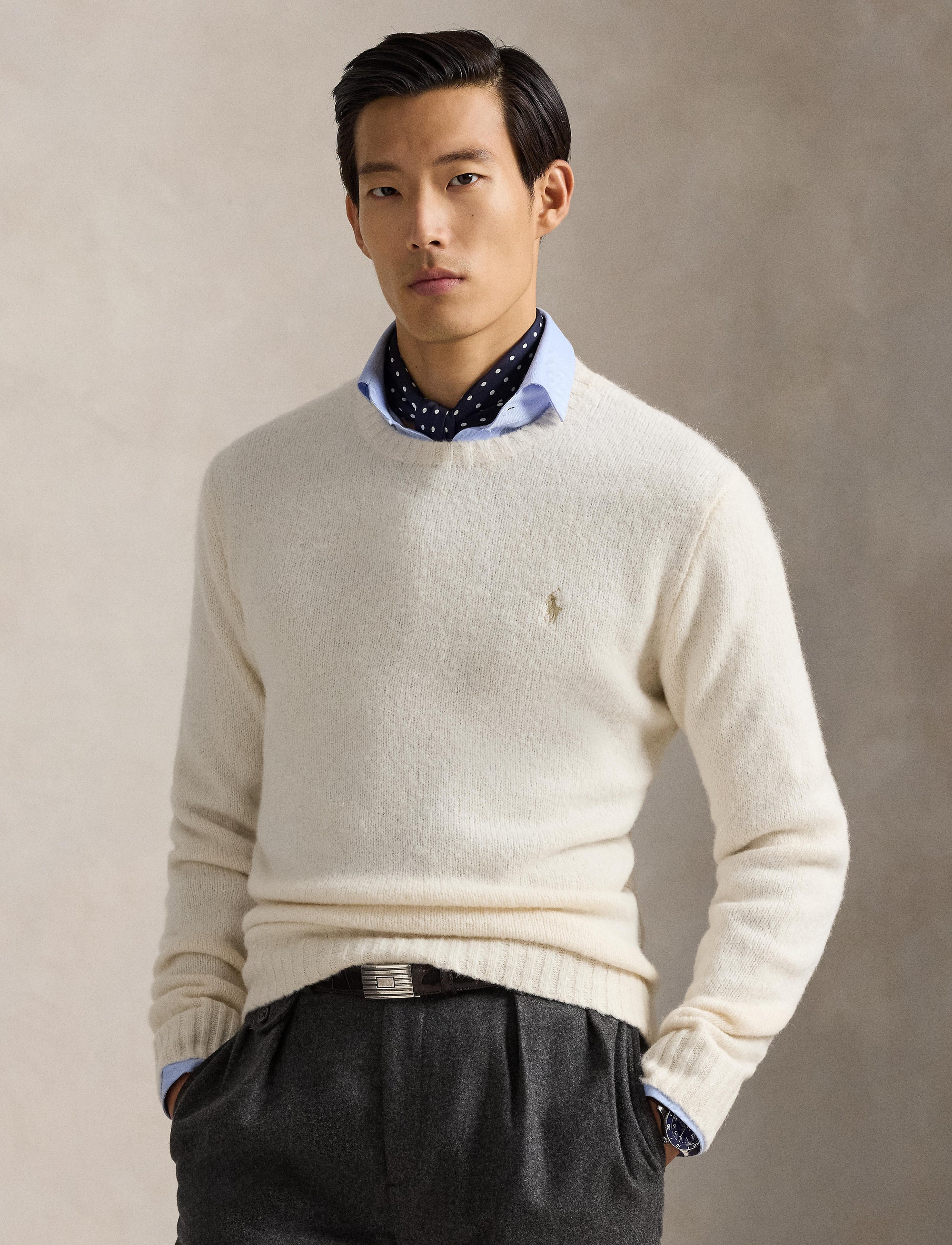 Pull col rond texturé en laine - Cream Tonal Pp