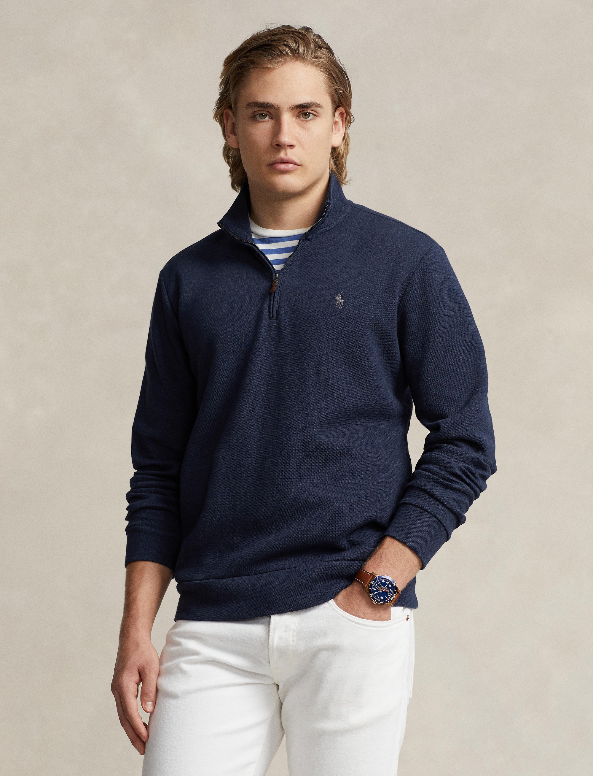 Pull demi-zippé à maille double en piqué - Aviator Navy
