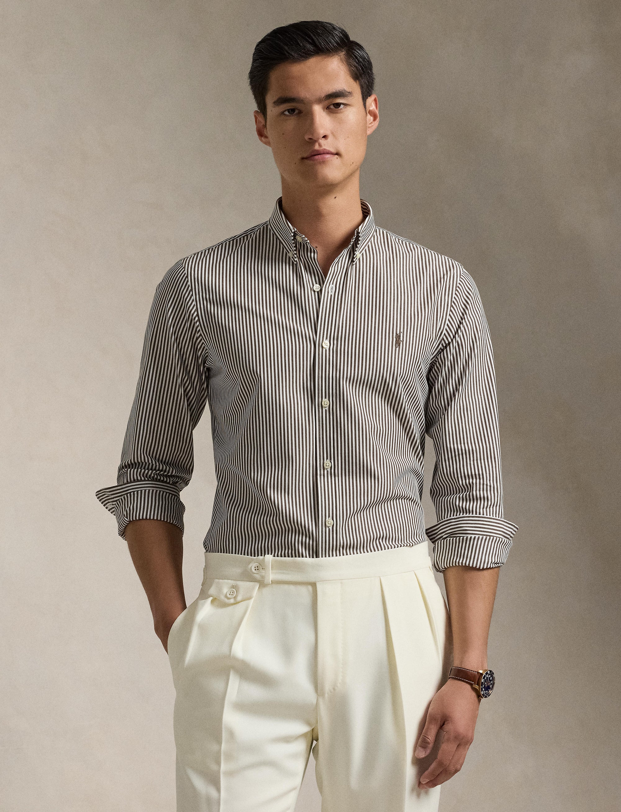 Chemise rayée Custom Fit popeline - Cooper Brown & White