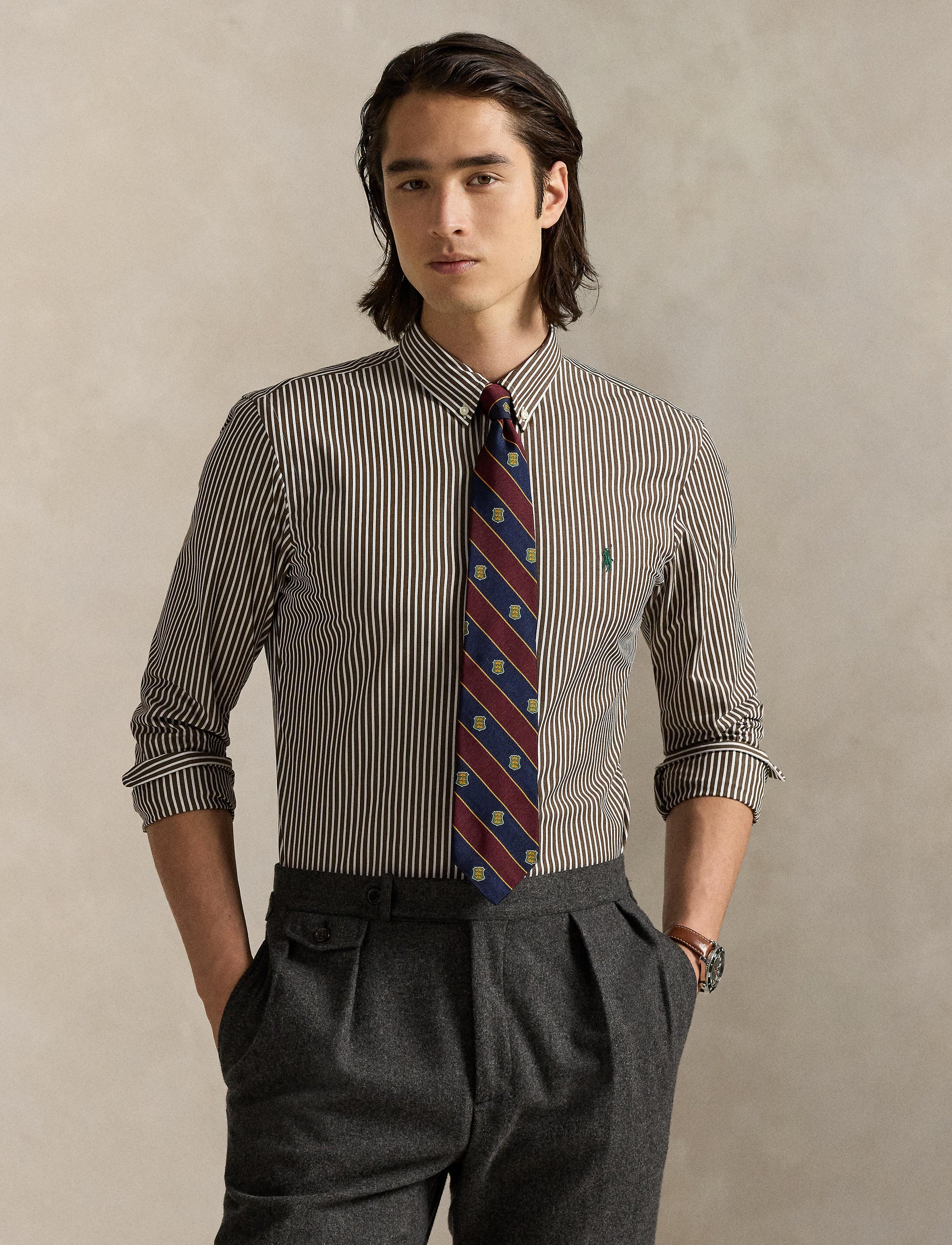 Chemise rayée Custom Fit popeline - Copper Brown & White