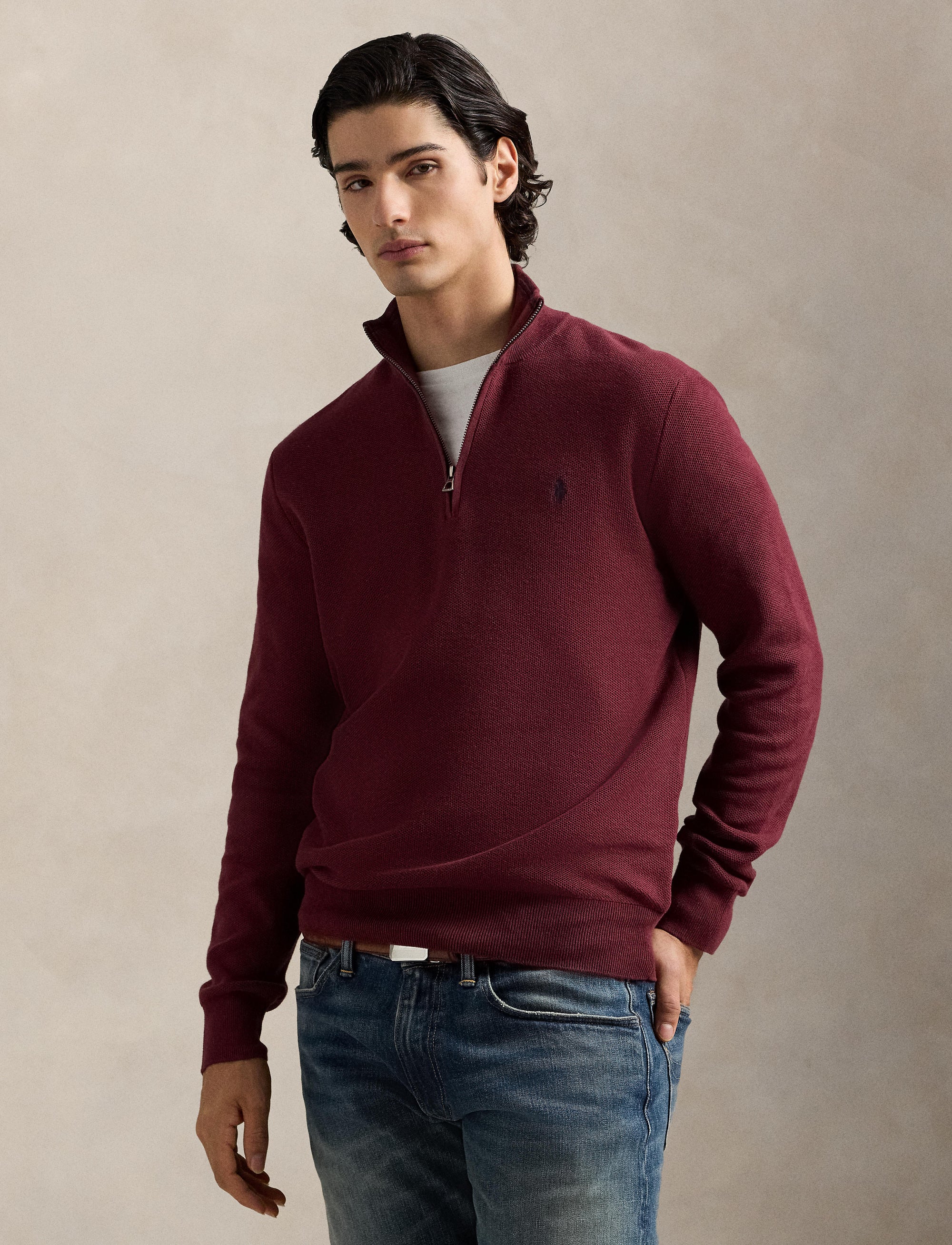 Pull demi-zippé en coton piqué - Red Wine