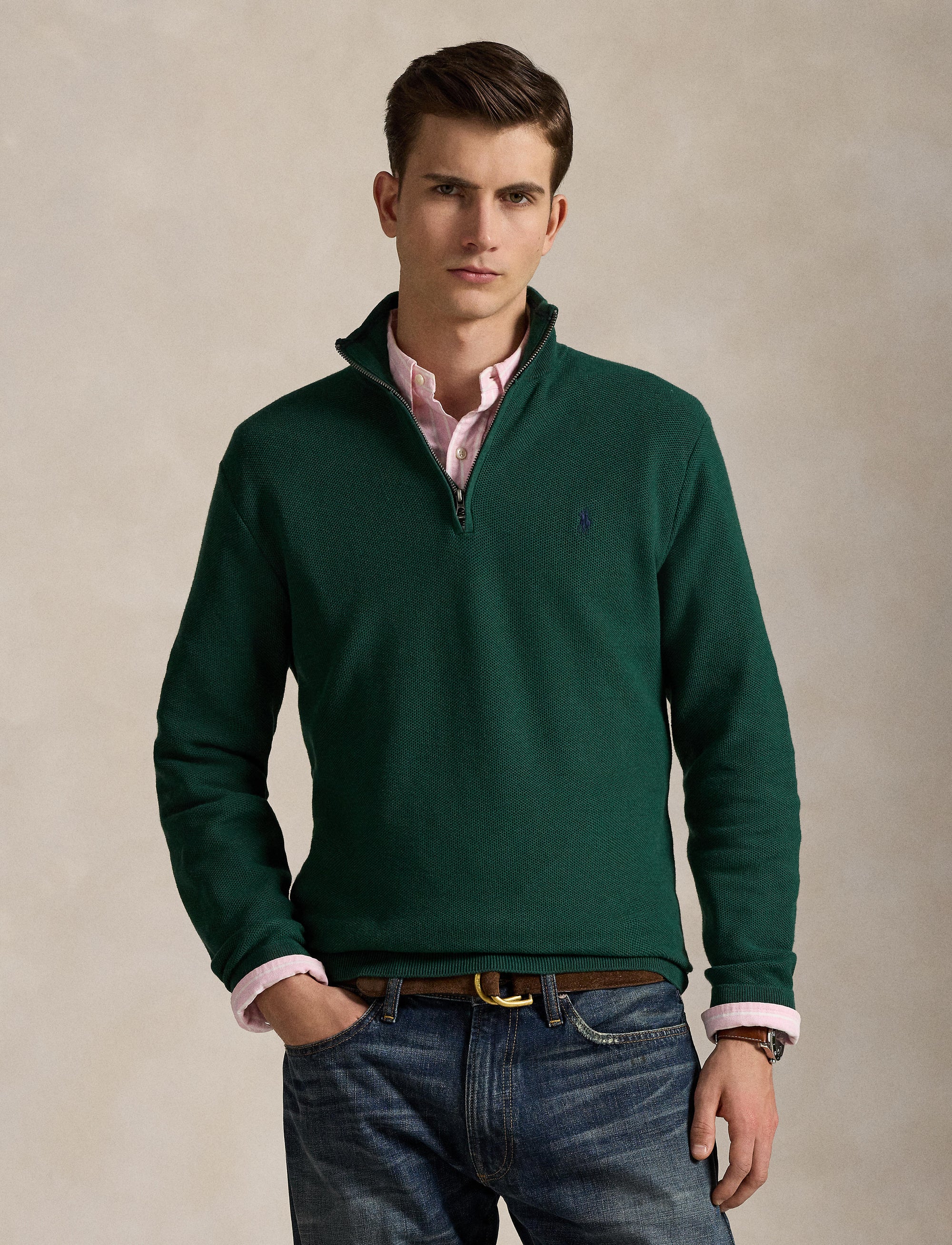 Pull demi-zippé en coton piqué - Vintage Pine