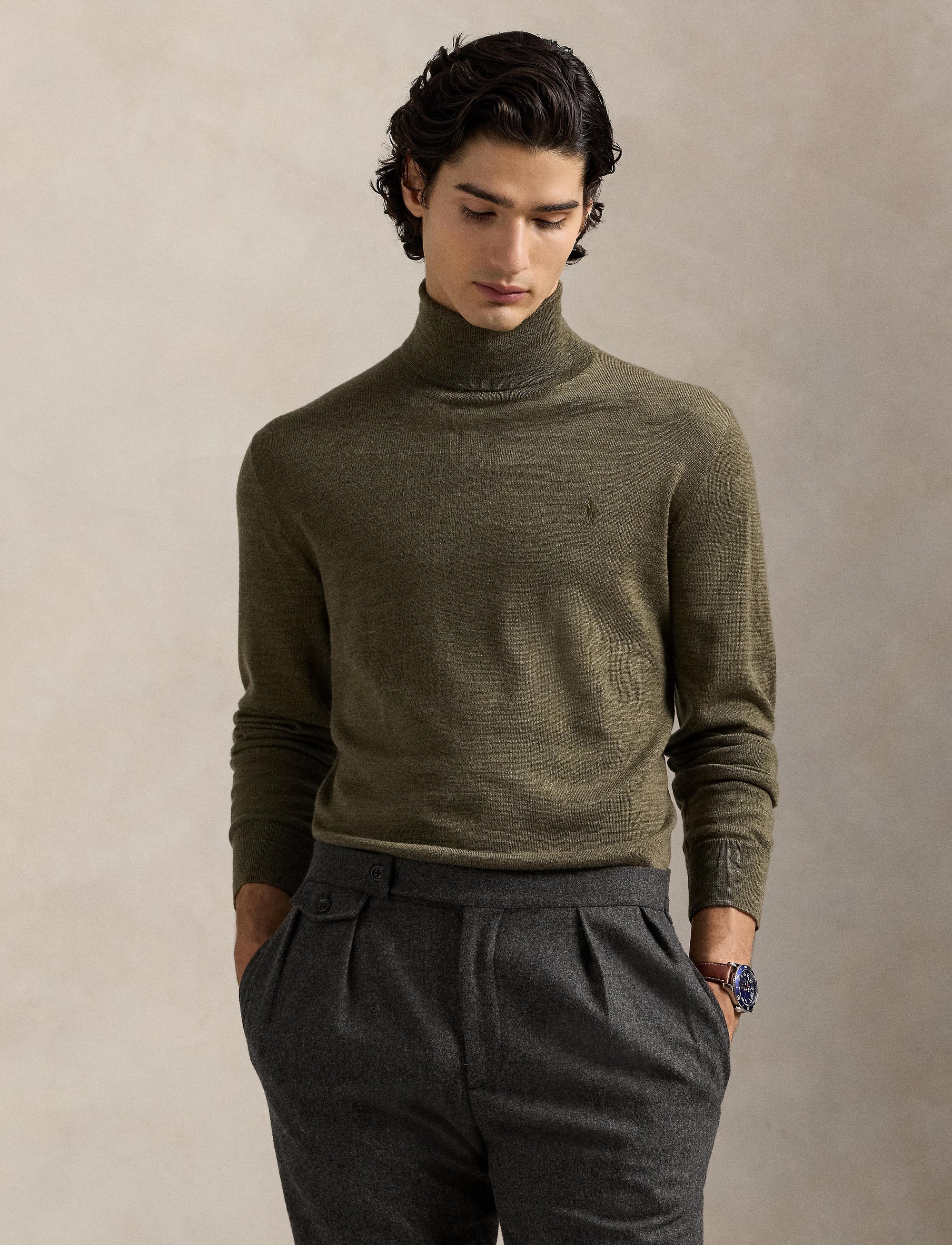 Pull à col roulé en laine lavable - Cargo Olive Heather