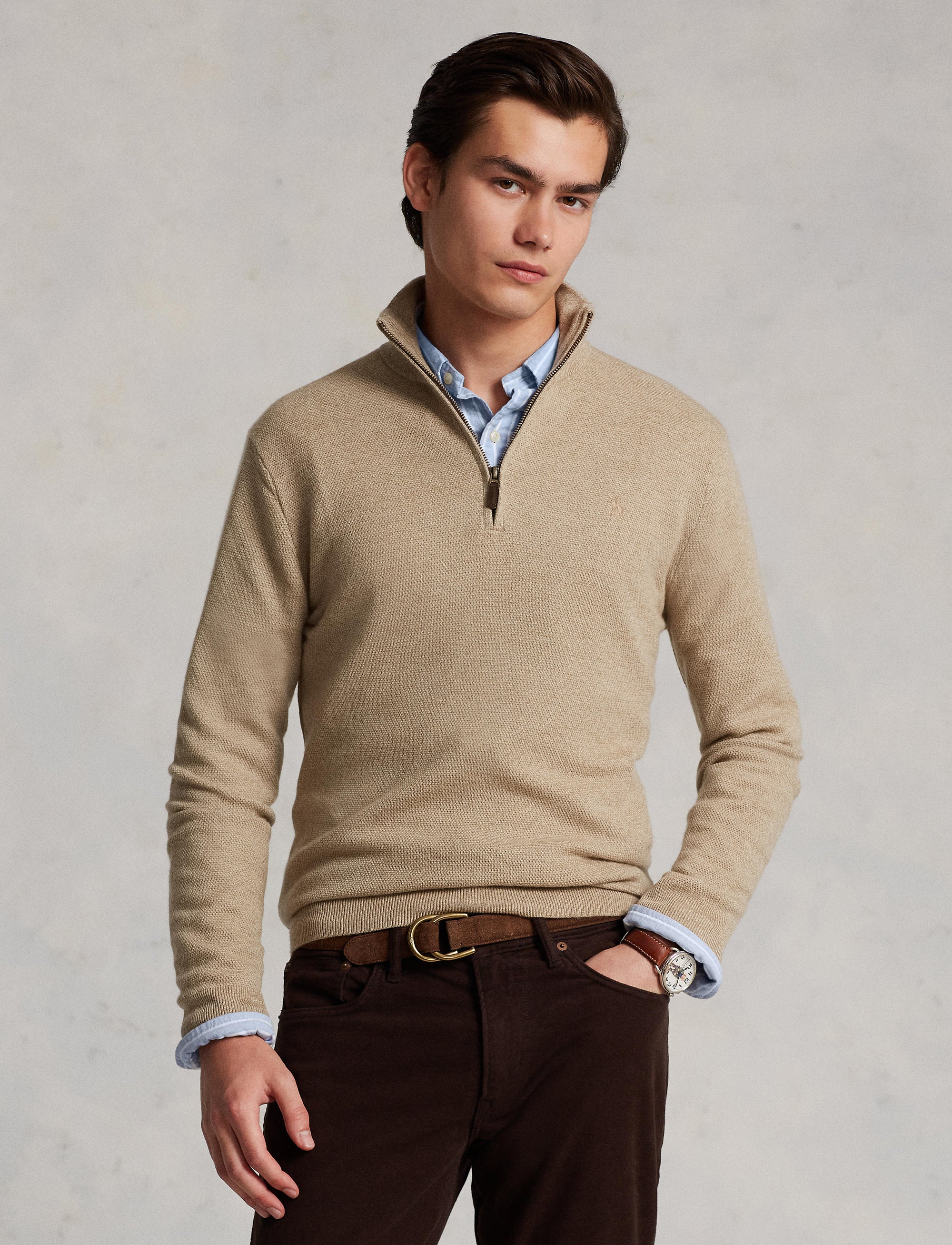 Pull demi-zippé en laine lavable - Tan Marl