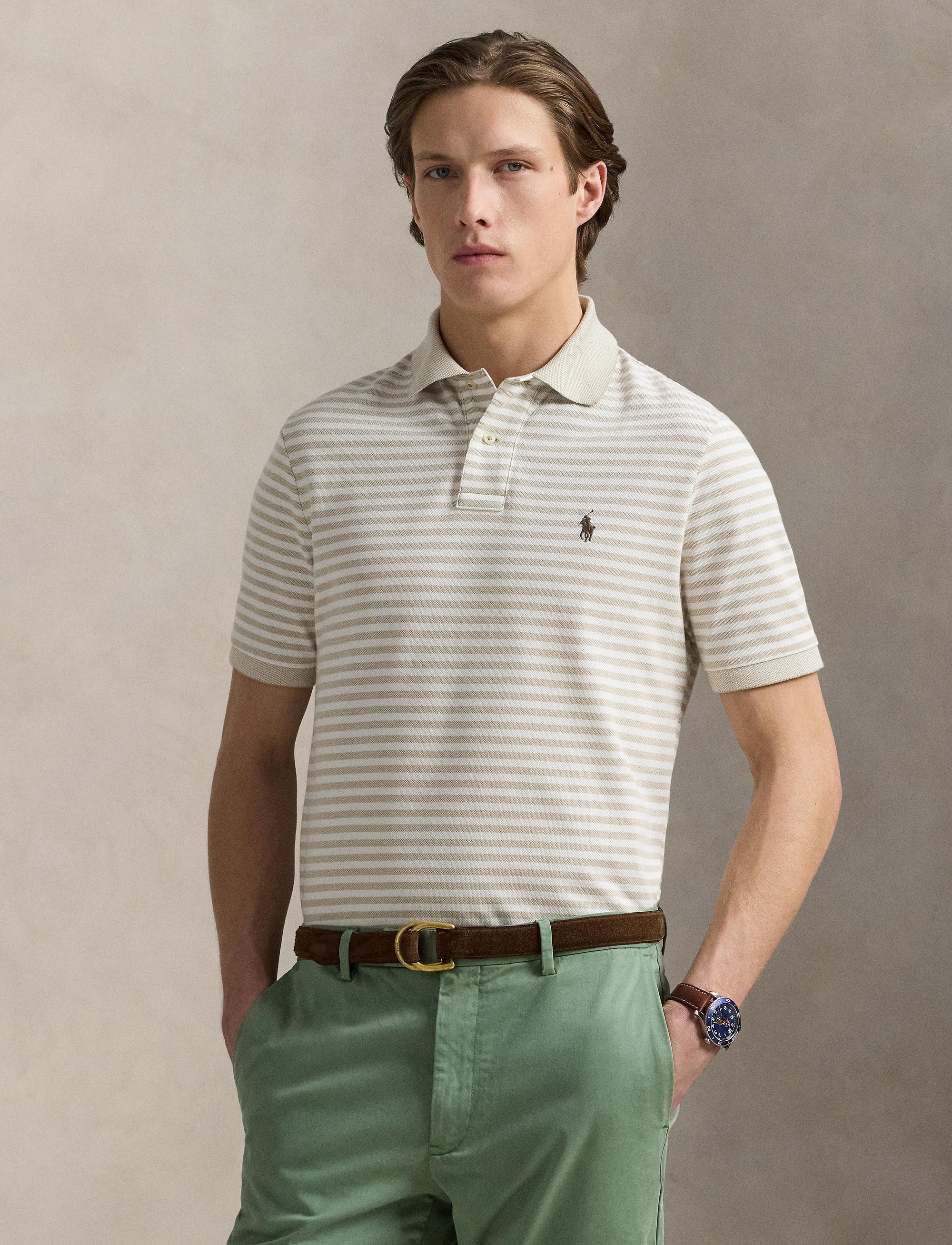 Polo en piqué rayé Custom Slim Fit - Classic Khaki & White