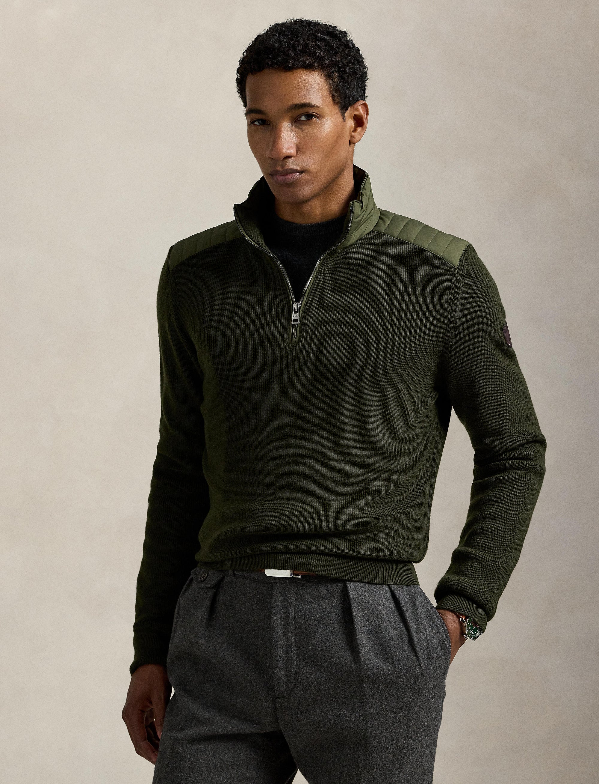 Pull demi-zippé en laine lavable - Olive Combo