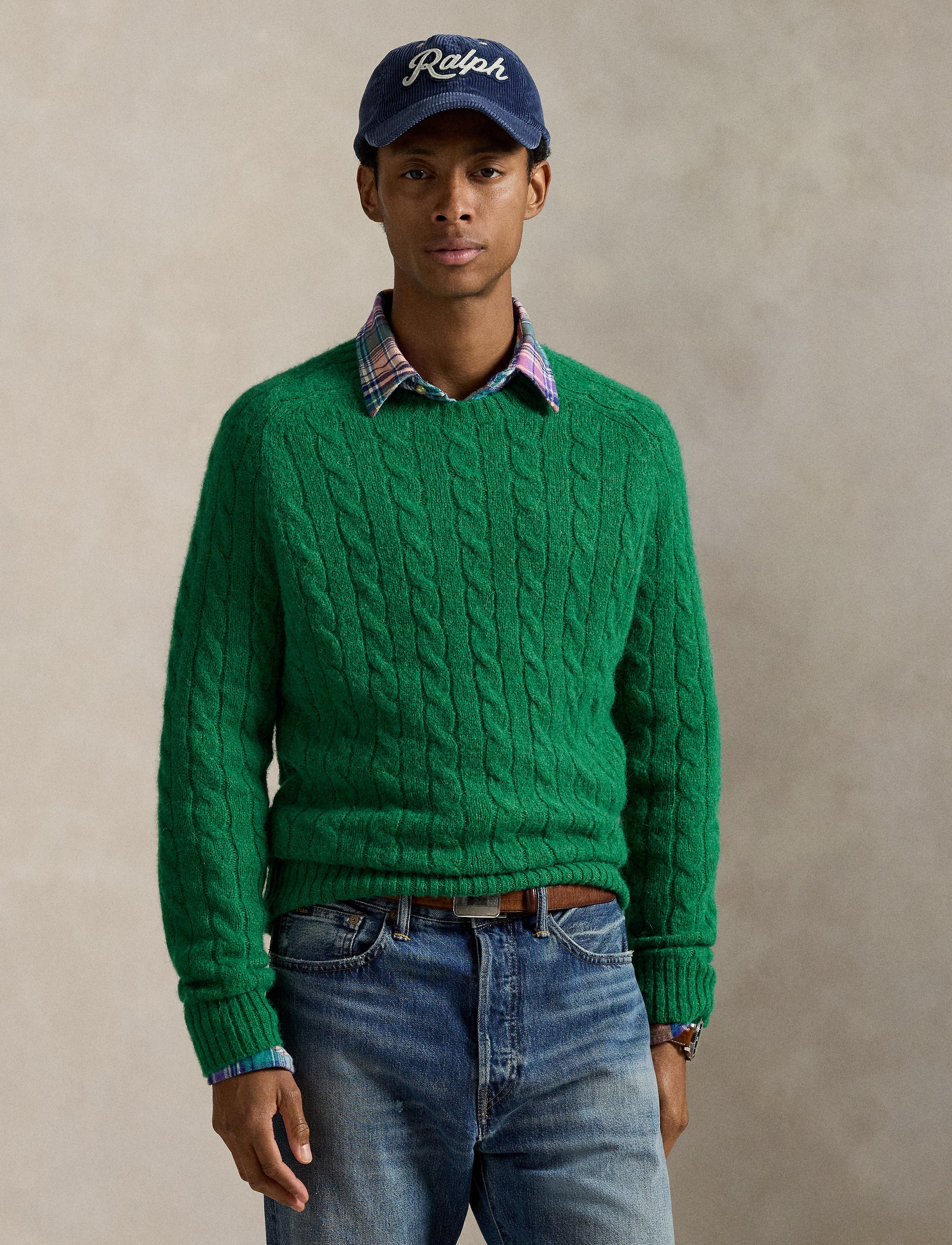 Pull torsadé à renforts en daim - Basil Green