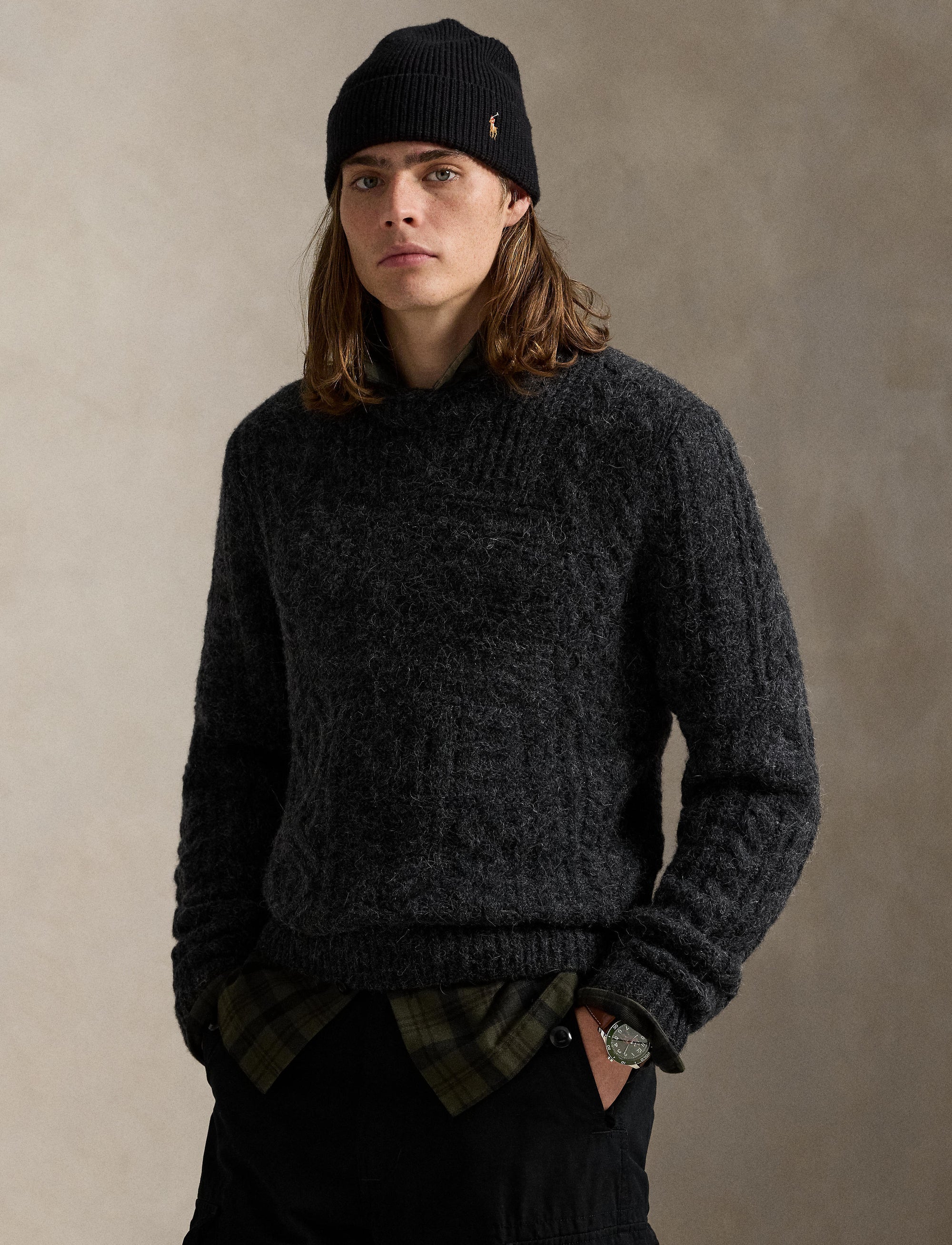 Pull drapeau tricot d'Aran en laine - Dark Granite Heather