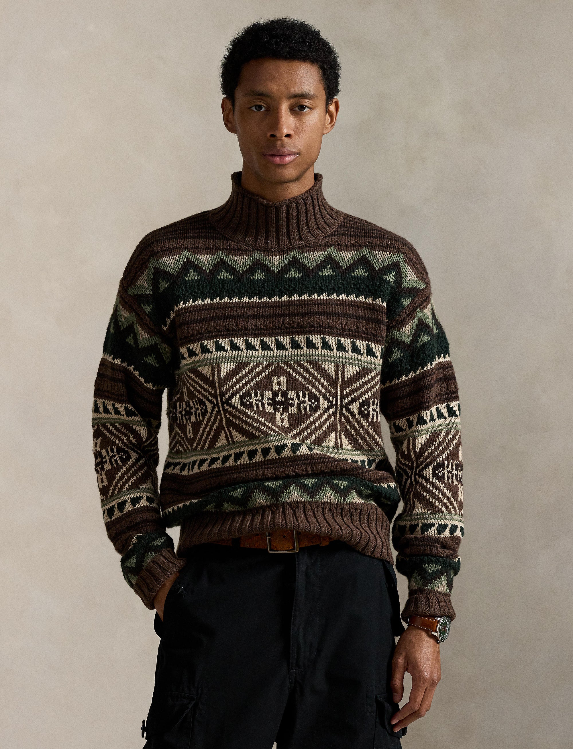 Pull à motif géométrique en laine - Brown Combo