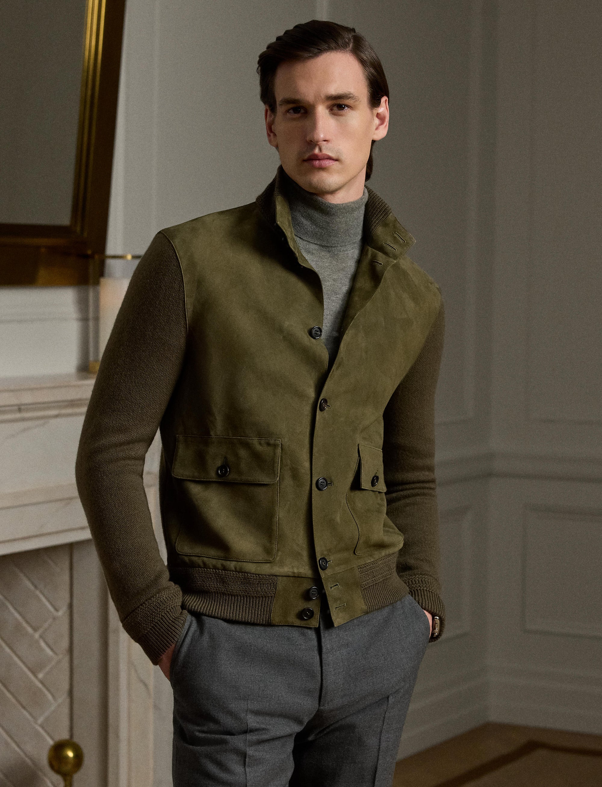 Cashmere and suede blend cardigan - Thicket Moss Melange