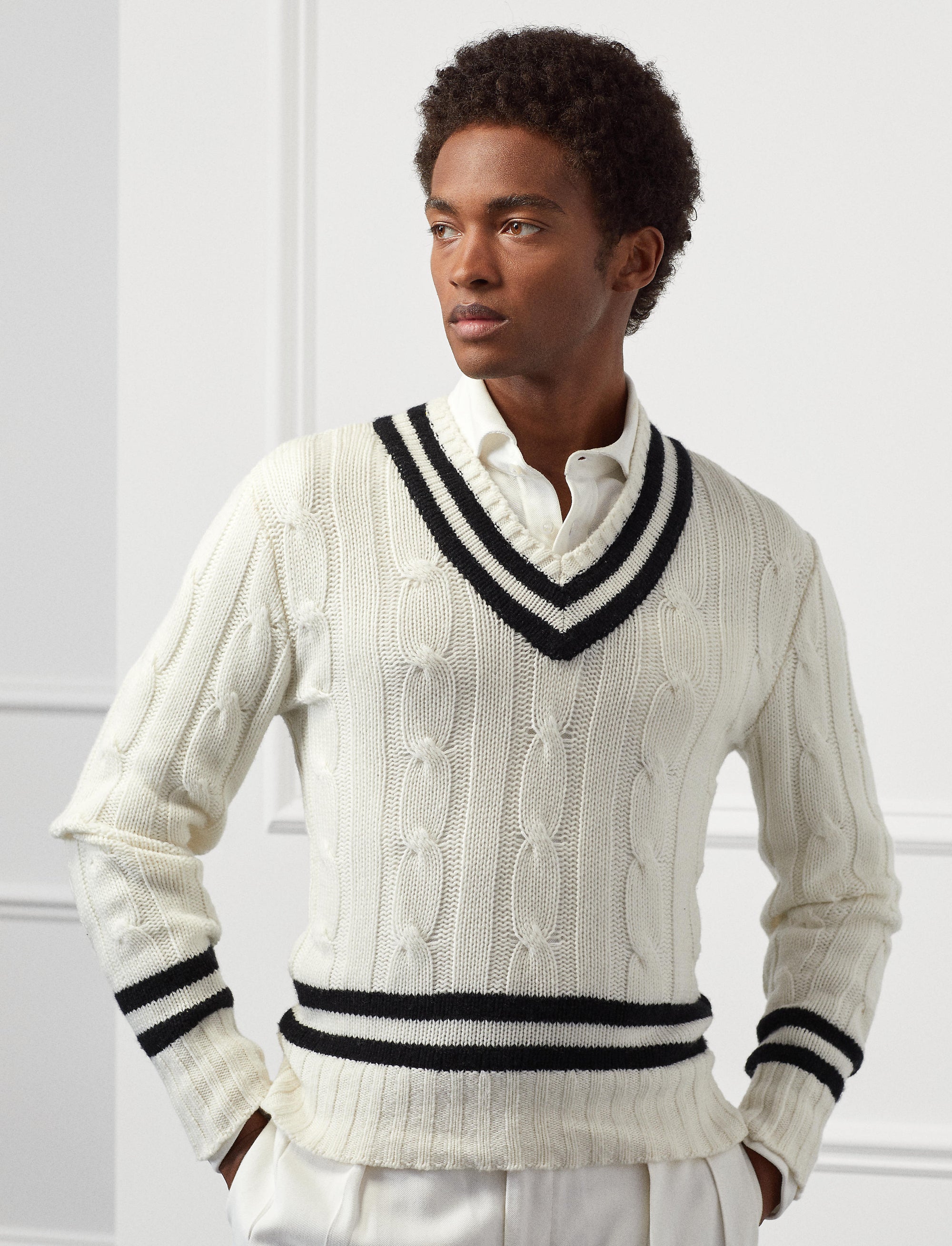 Pull de cricket en cachemire - Lux Cream With Classic Black