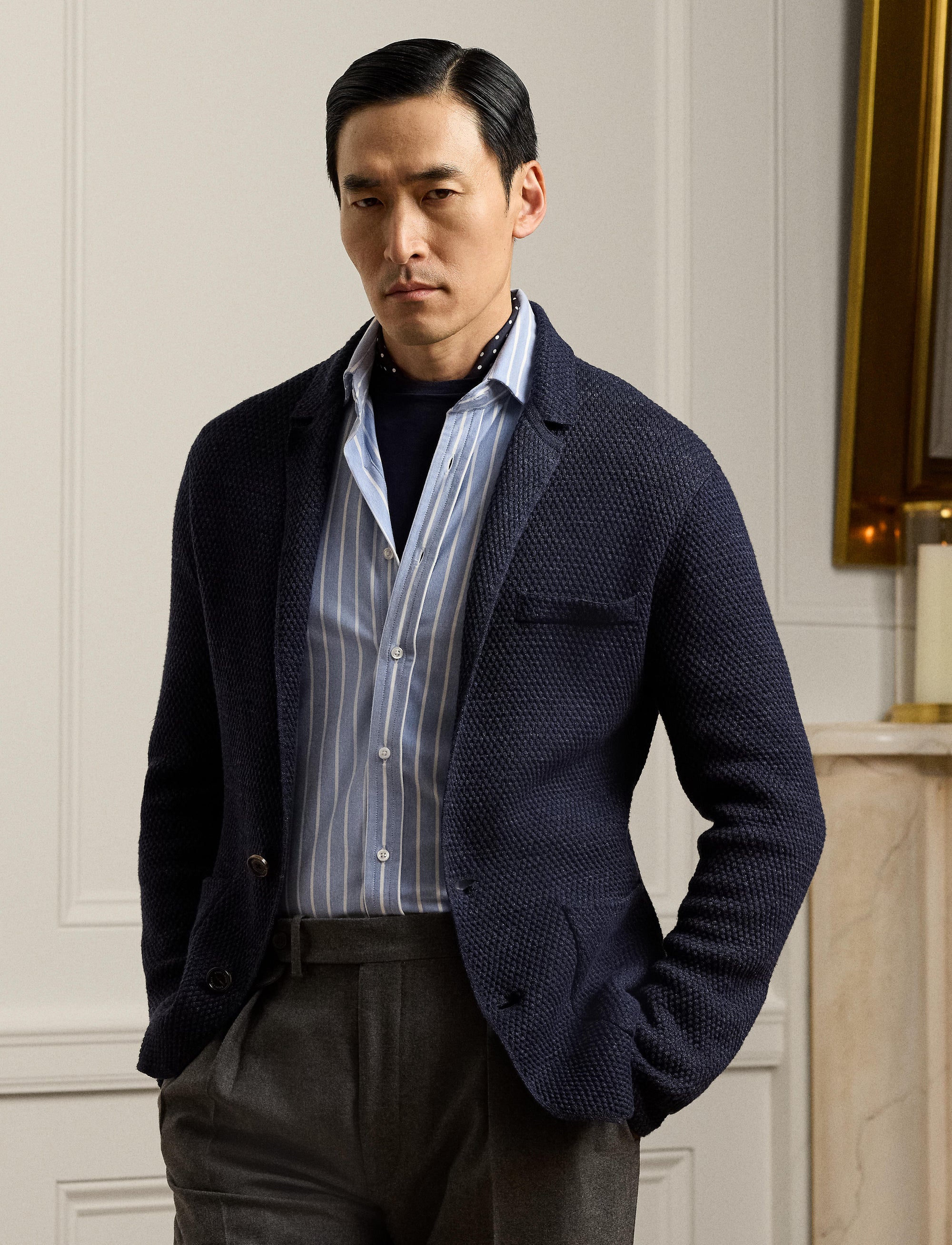 Cardigan blazer en lin mélangé texturé - Royal Navy Heather